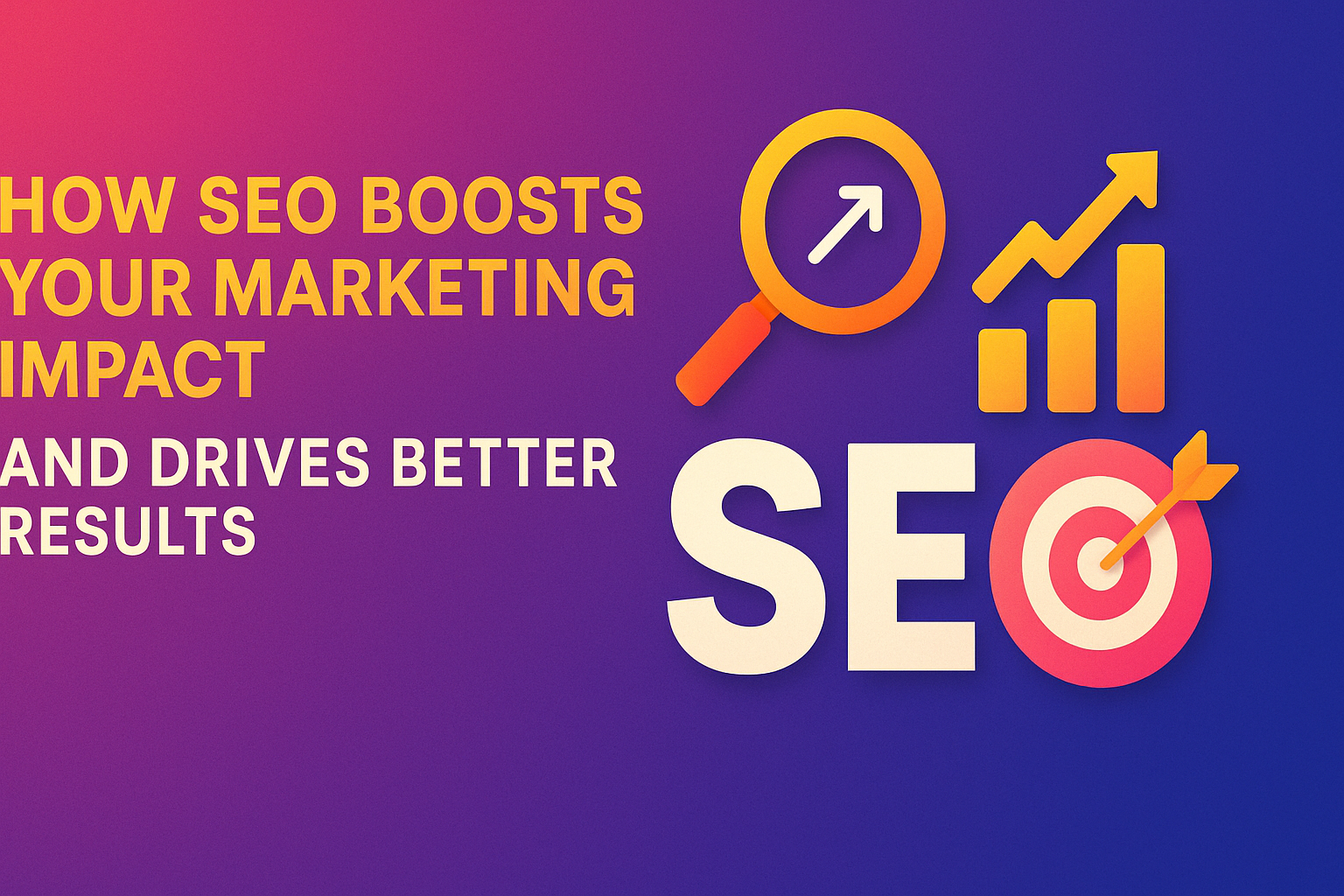"Graphic illustrating how SEO enhances marketing effectiveness, featuring a magnifying glass, upward trend graph, and target symbol against a colorful background."