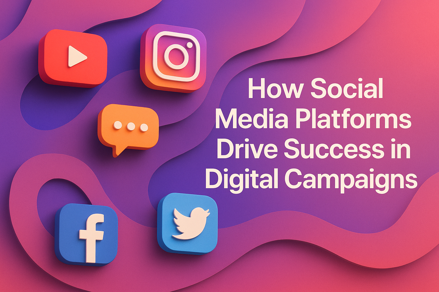 Colorful icons of popular social media platforms like YouTube, Instagram, Facebook, and Twitter, with text overlay discussing the impact of social media on digital campaign success.