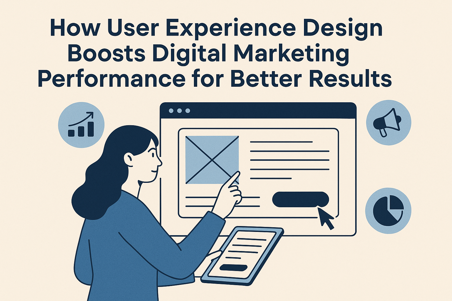 Illustration depicting the impact of user experience design on digital marketing performance, featuring a person interacting with a website on a tablet, with icons for analytics and promotion.