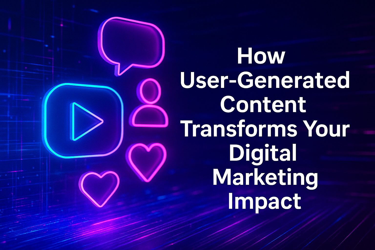 Alt text: "Graphic featuring vibrant neon icons representing user-generated content, including a play button, speech bubbles, and hearts, with the text 'How User-Generated Content Transforms Your Digital Marketing Impact.'"