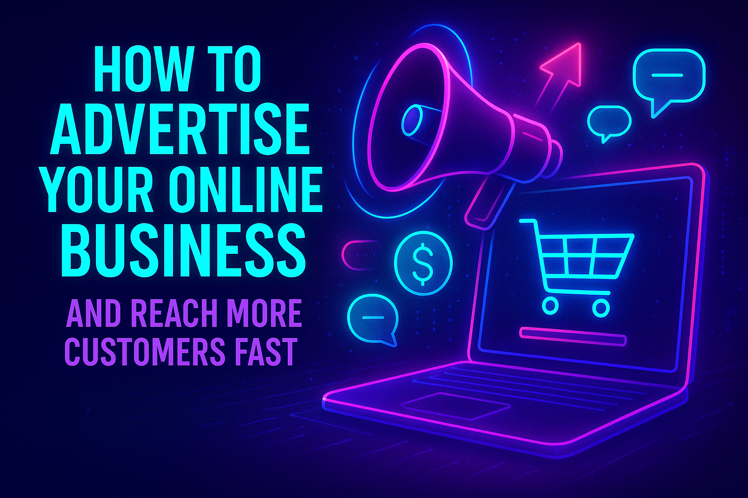 "Colorful graphic illustrating how to advertise your online business, featuring a megaphone, shopping cart, and currency symbols, emphasizing strategies to reach more customers quickly."