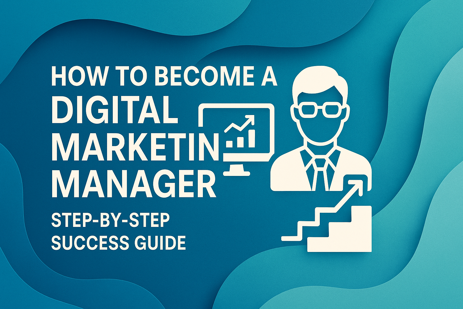 Alt text: "Graphic image titled 'How to Become a Digital Marketing Manager' featuring a computer screen with an upward graph and an illustrated professional in a suit, symbolizing a step-by-step success guide."