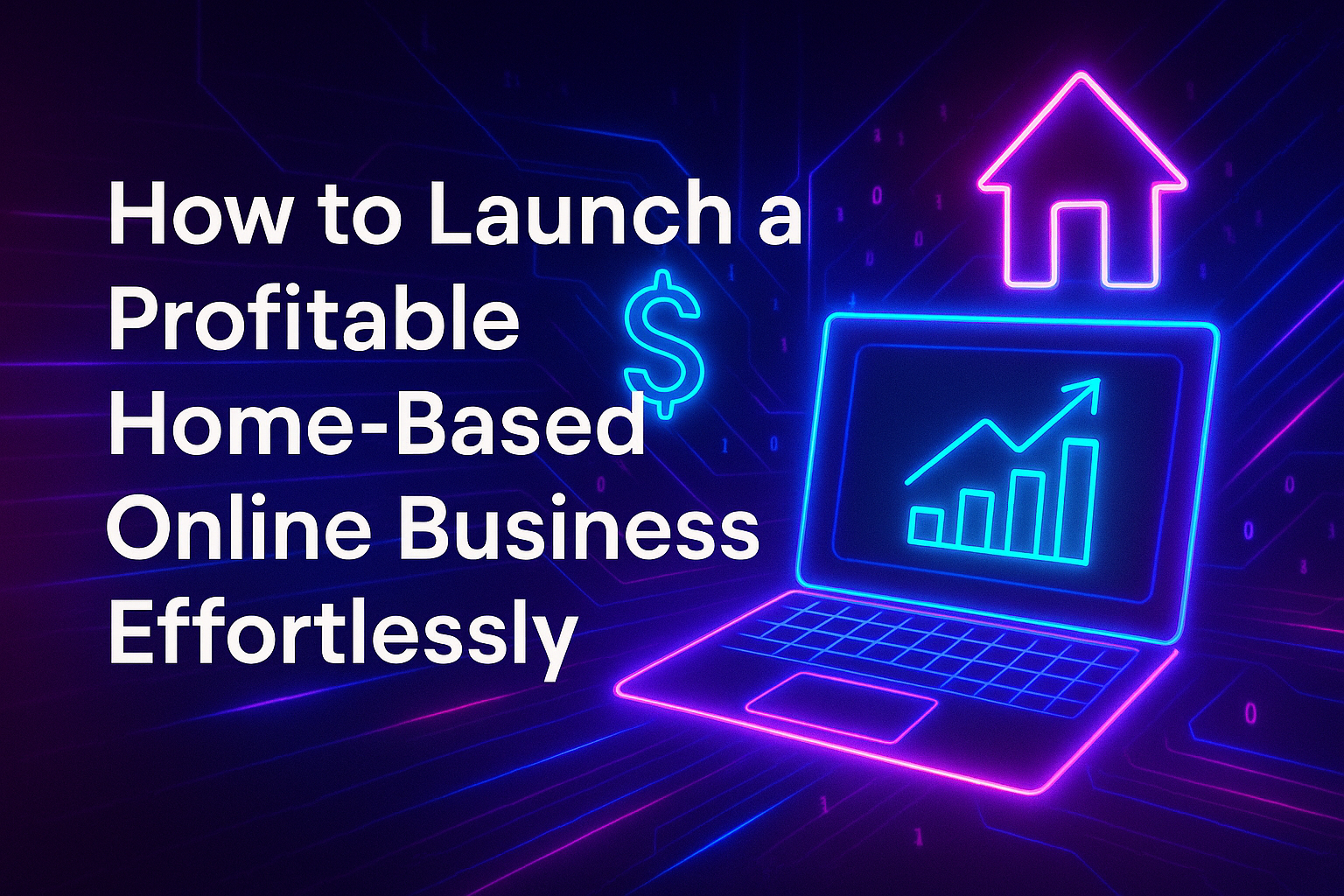 Alt text: "Digital graphic of a laptop displaying a growth chart, with a dollar sign and house icon, alongside the text: 'How to Launch a Profitable Home-Based Online Business Effortlessly.'"