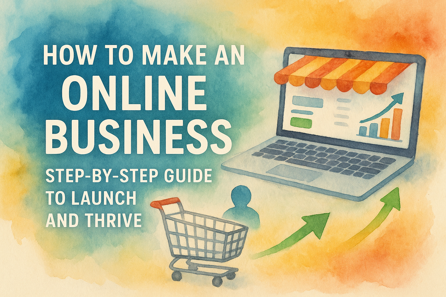 "Illustration of a guide on launching an online business, featuring a laptop with analytics graphs, a shopping cart, and arrows indicating growth, set against a colorful watercolor background."
