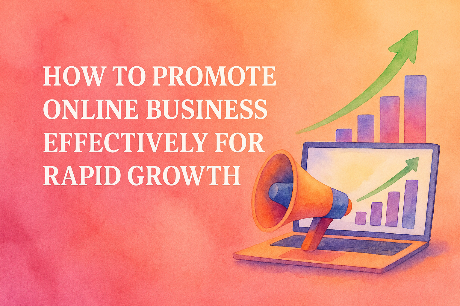 Alt text: "Illustration of a laptop with a megaphone and upward graph, featuring the text 'How to Promote Online Business Effectively for Rapid Growth.'"