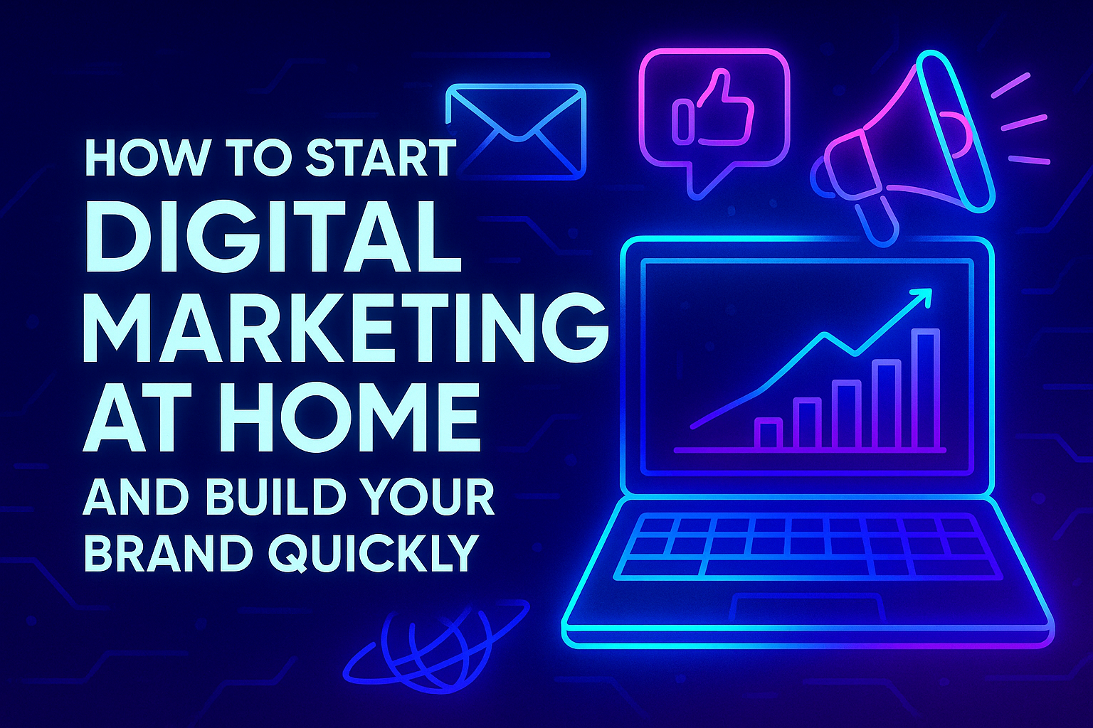 "Colorful graphic illustrating digital marketing strategies at home, featuring a laptop with a growth chart, social media icons, and communication symbols, highlighting quick brand building."