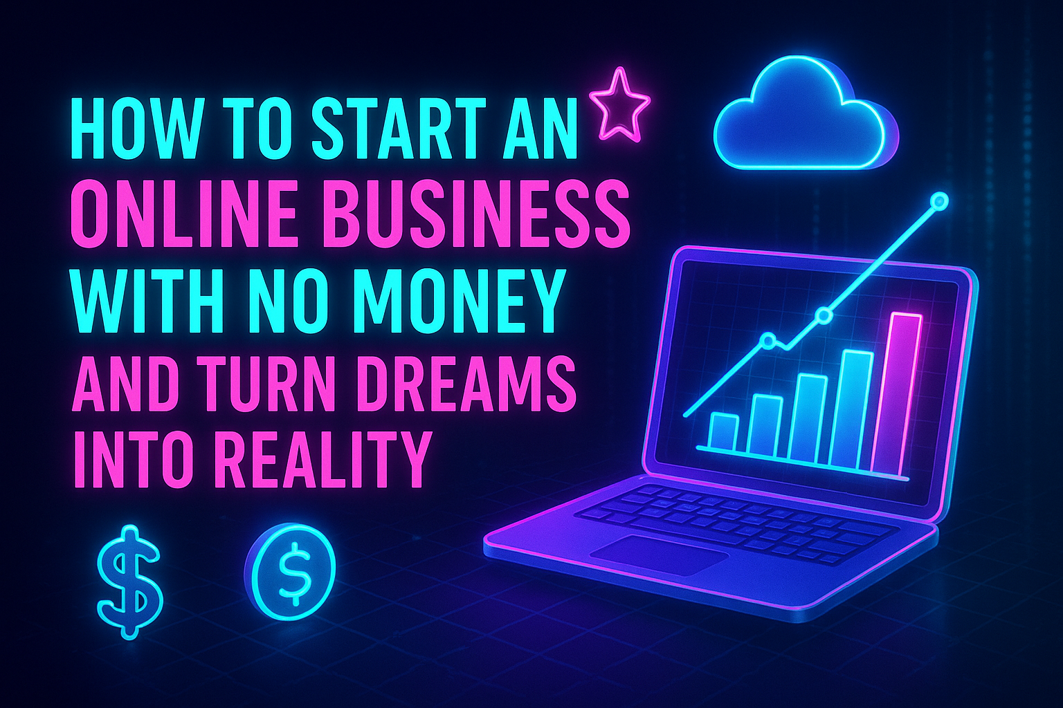 Neon graphic featuring a laptop with a chart, text says "How to Start an Online Business with No Money and Turn Dreams into Reality," emphasizing entrepreneurship and financial growth.