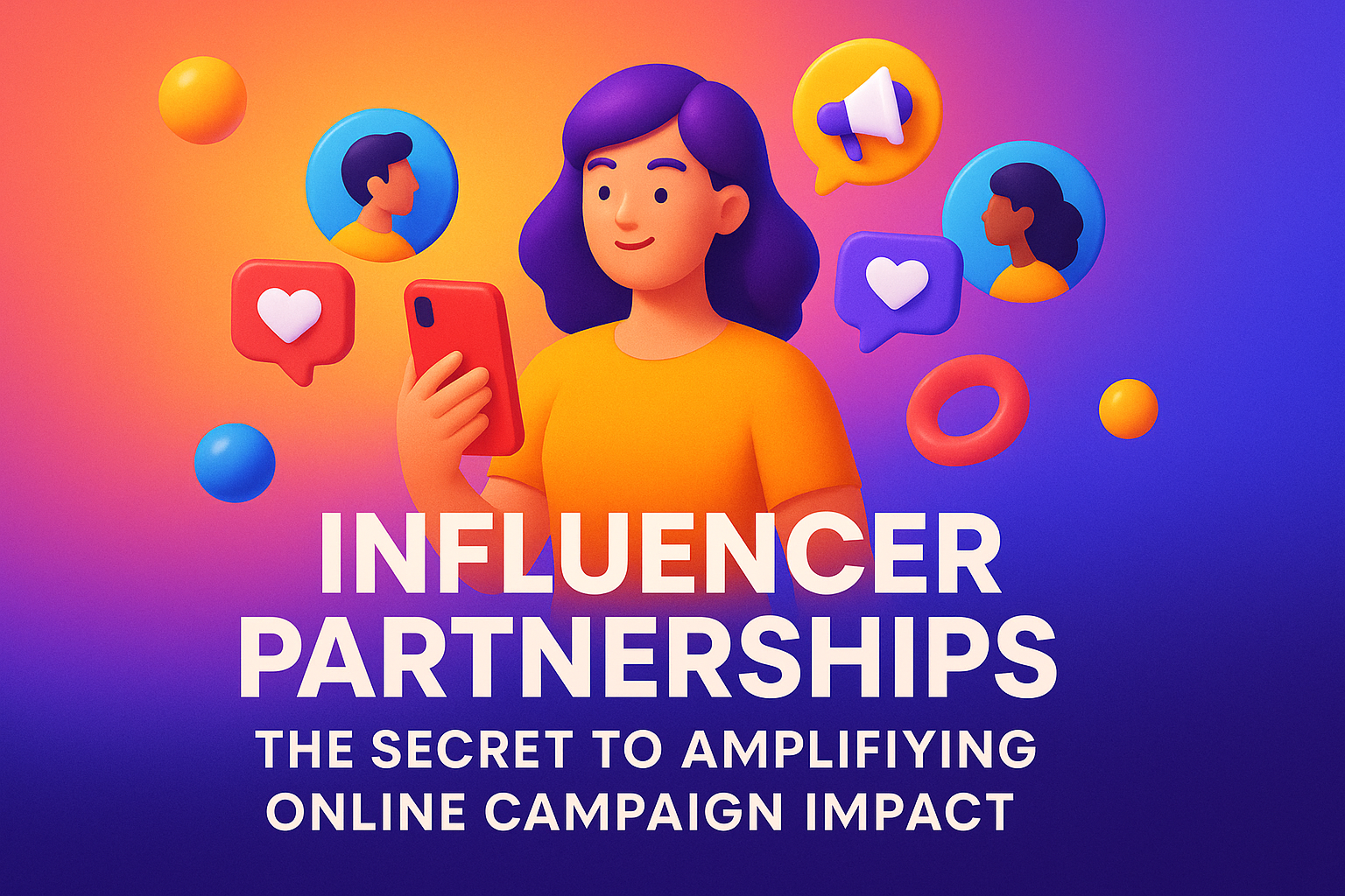 "Graphic illustrating the concept of influencer partnerships, featuring a person holding a smartphone surrounded by social media icons and messages. Text highlights the importance of influencer collaborations for enhancing online campaign effectiveness."