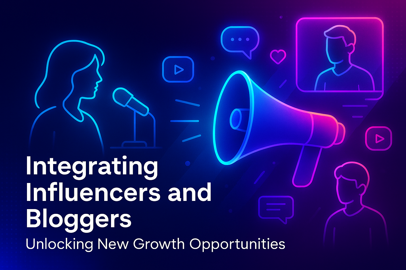 "Colorful illustration of a woman speaking into a microphone, alongside digital icons representing influencers and bloggers, highlighting opportunities for growth in social media marketing."
