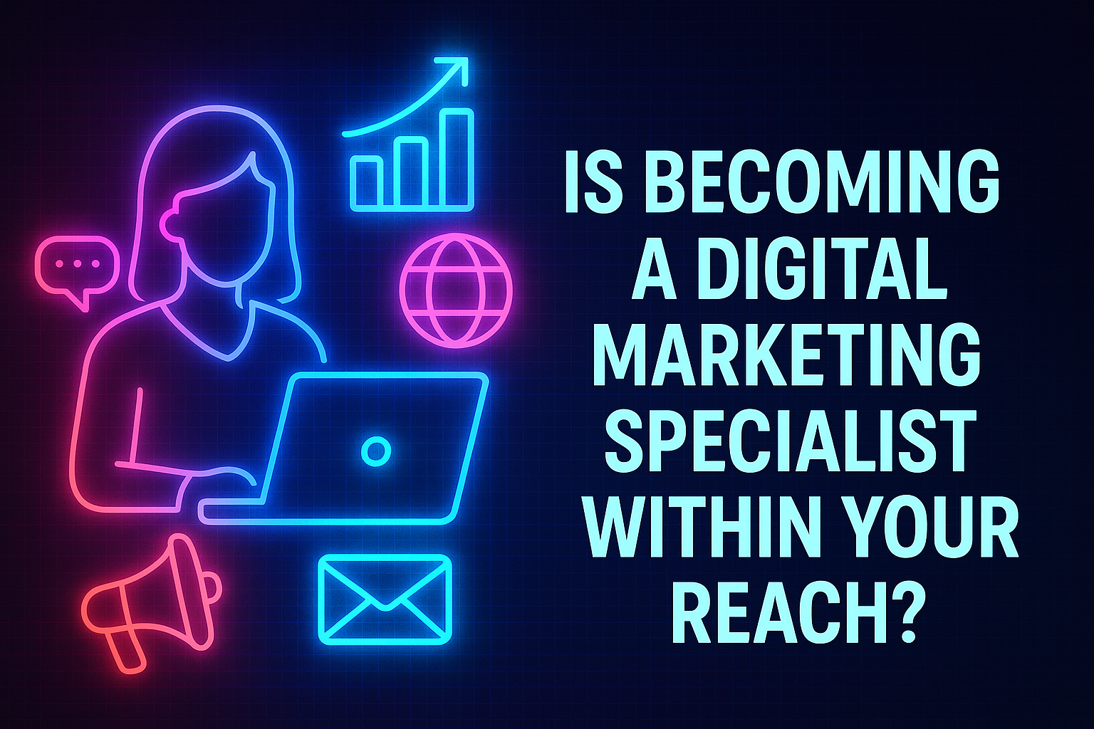 "Neon graphic of a woman using a laptop with digital marketing icons, including graphs, a globe, and communication symbols, illustrating the question of becoming a digital marketing specialist."