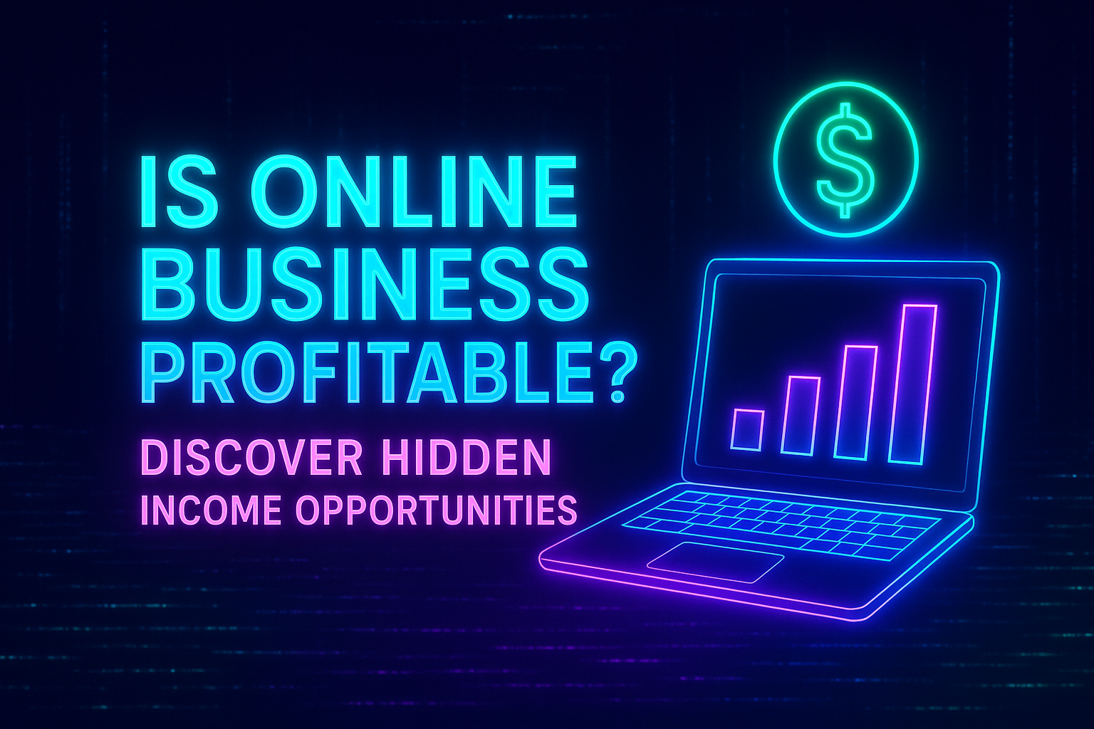 Neon graphic asking "Is online business profitable?" with a laptop displaying a rising graph and a dollar sign, highlighting undiscovered income opportunities.