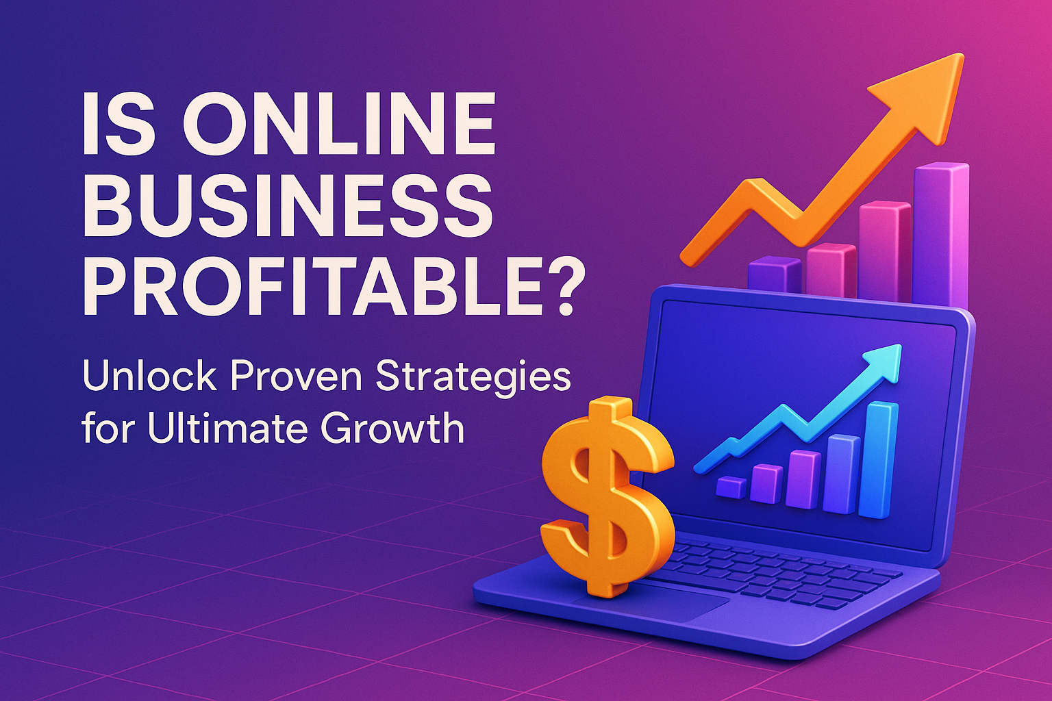 **Alt text:** 3D illustration of a laptop with growth charts and a dollar sign, promoting strategies for profitable online business growth.