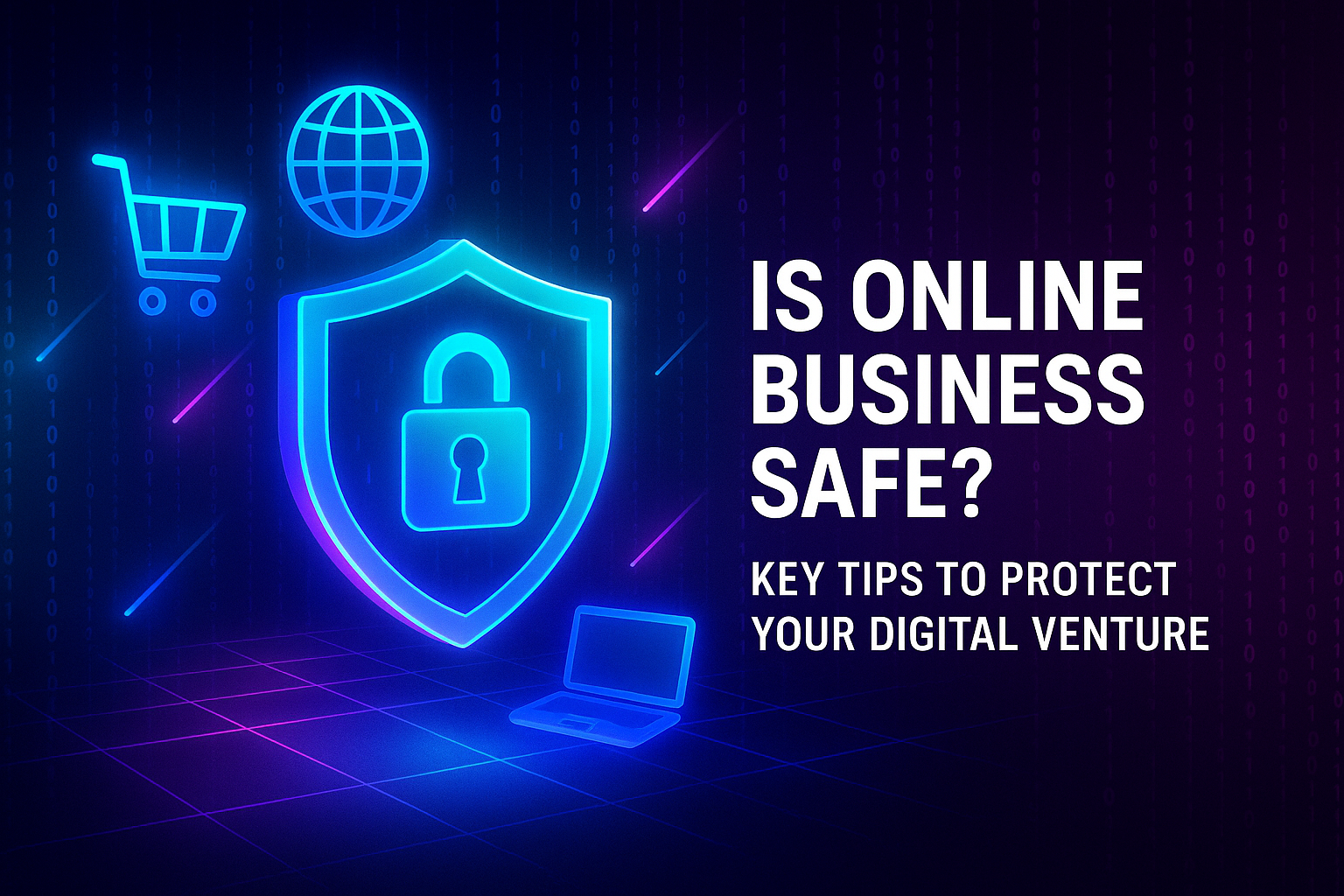 Alt text: "Graphic illustrating online business safety with a digital shield, lock icon, shopping cart, and laptop. Text reads: 'Is Online Business Safe? Key Tips to Protect Your Digital Venture.'"