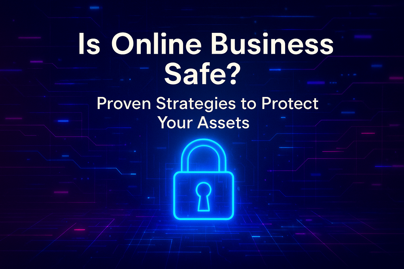 "Digital lock graphic with the text 'Is Online Business Safe? Proven Strategies to Protect Your Assets,' emphasizing online security and asset protection strategies."