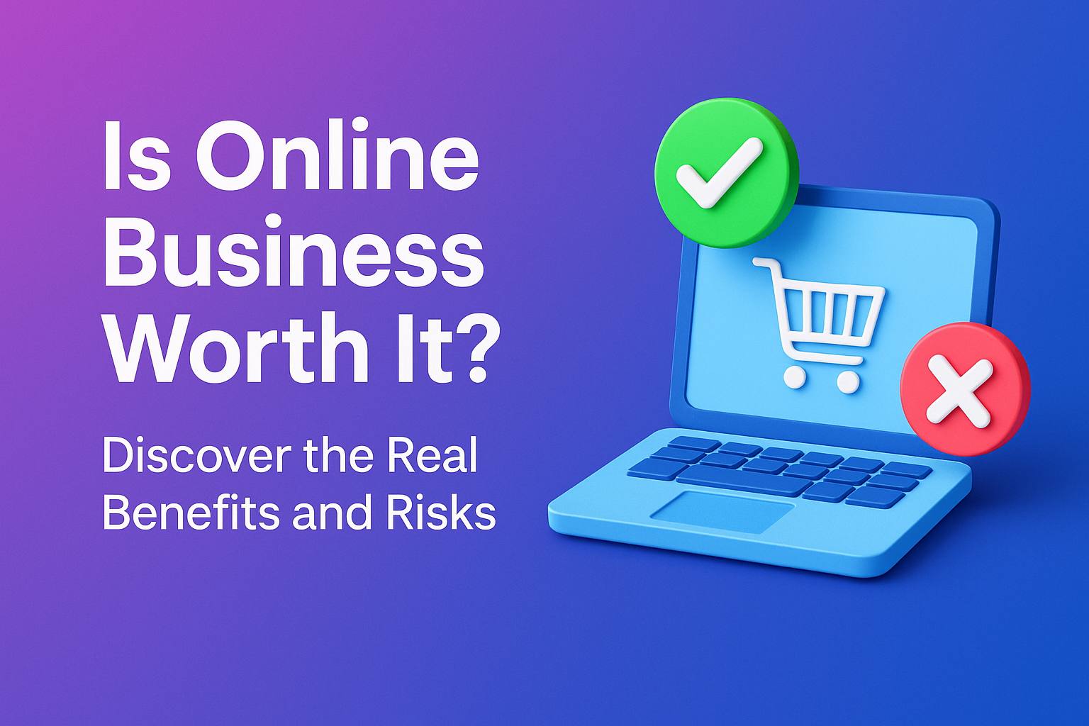 "Colorful graphic featuring a computer screen with a shopping cart icon, accompanied by green check and red cross symbols, highlighting the question 'Is Online Business Worth It?' with a focus on its benefits and risks."