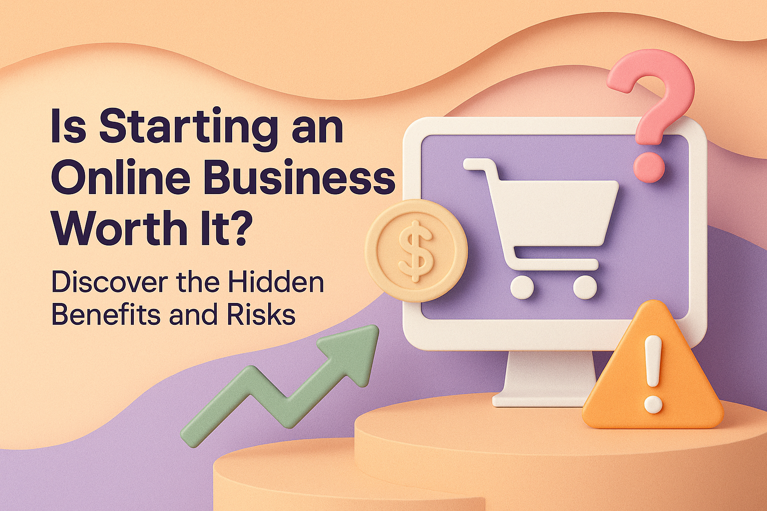 "Colorful graphic illustrating the question of whether starting an online business is worthwhile, featuring a shopping cart, dollar sign, and warning symbols on a computer screen with trendy design elements."