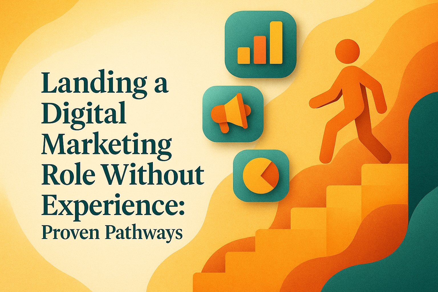 "Graphic illustrating pathways to secure a digital marketing role without prior experience, featuring icons related to analytics and communication on a gradient background."
