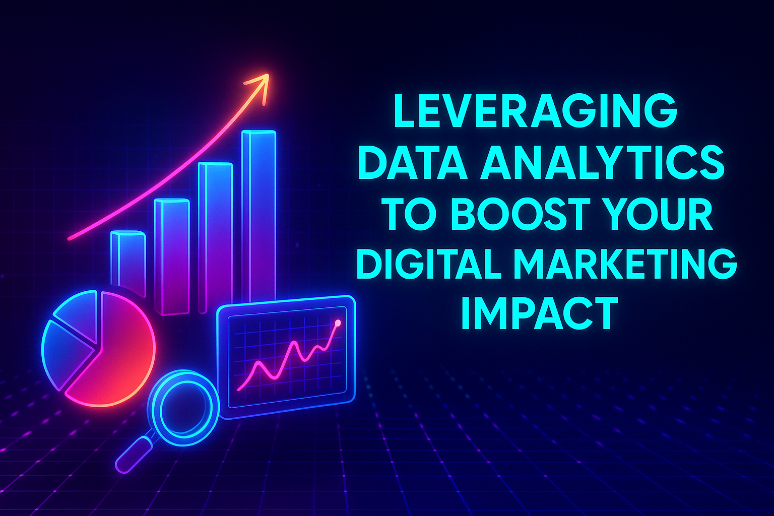 Bright neon graphic illustrating data analytics concepts with charts and graphs, emphasizing the importance of leveraging analytics to enhance digital marketing impact.