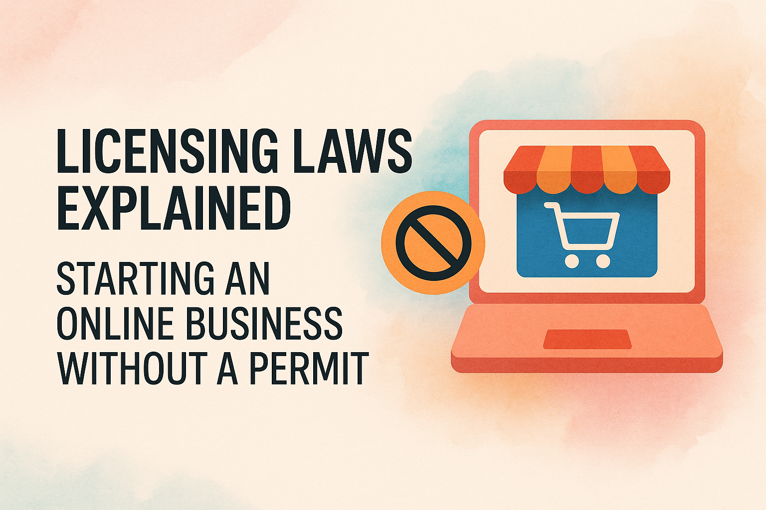 Alt text: "Illustration explaining licensing laws for starting an online business without a permit, featuring a laptop with a shopping cart graphic and a prohibition symbol."