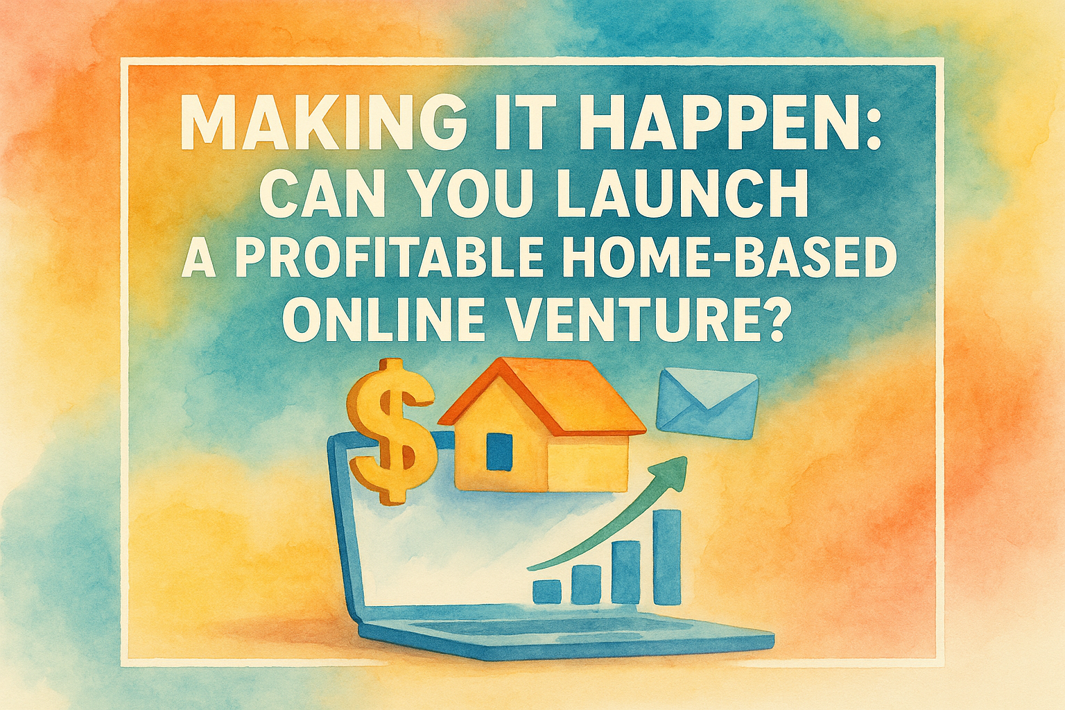 "Colorful graphic featuring a laptop, dollar sign, house icon, and upward trend arrow with text asking about launching a profitable home-based online venture."