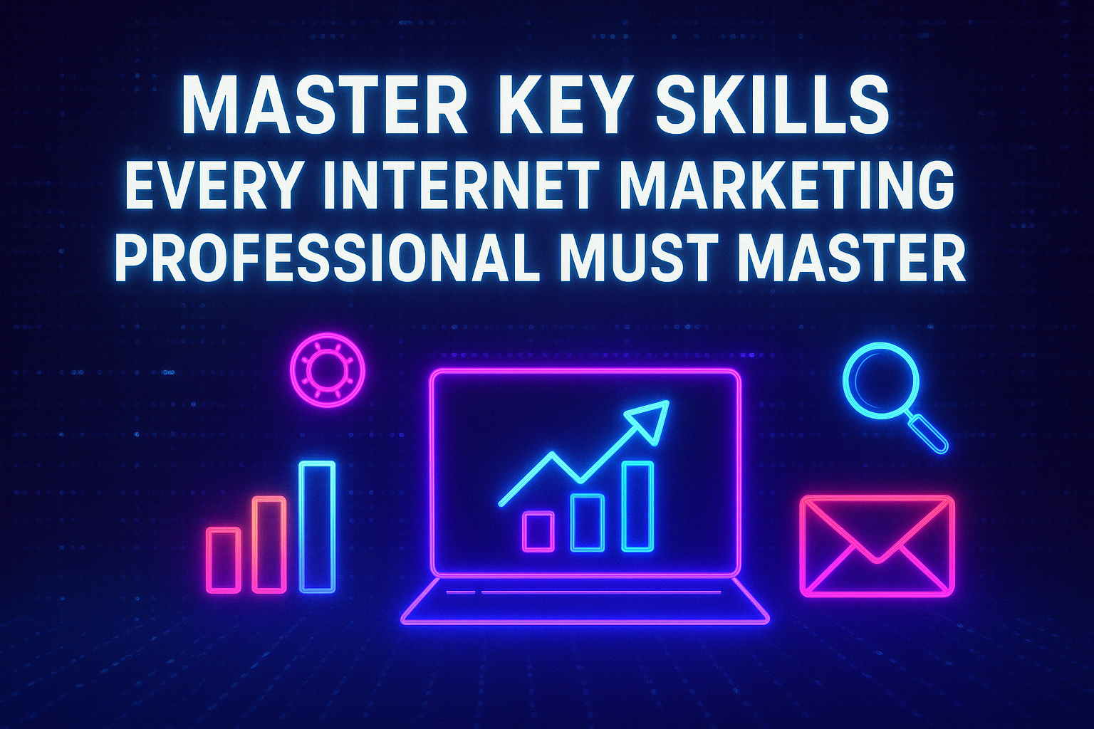 Alt text: "Graphic highlighting essential skills for internet marketing professionals, featuring a laptop displaying growth charts and icons representing analytics, search, and email marketing."
