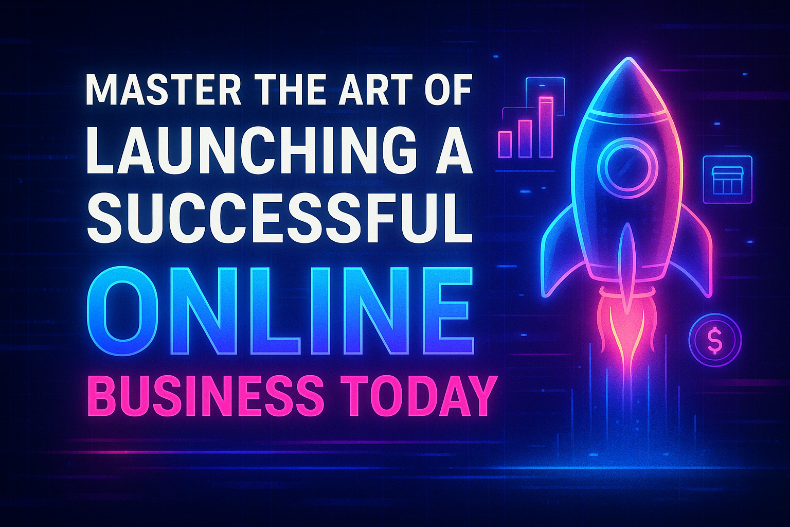 Bright graphic featuring a rocket and business icons with the text "Master the Art of Launching a Successful Online Business Today." Ideal for entrepreneurship and online business resources.
