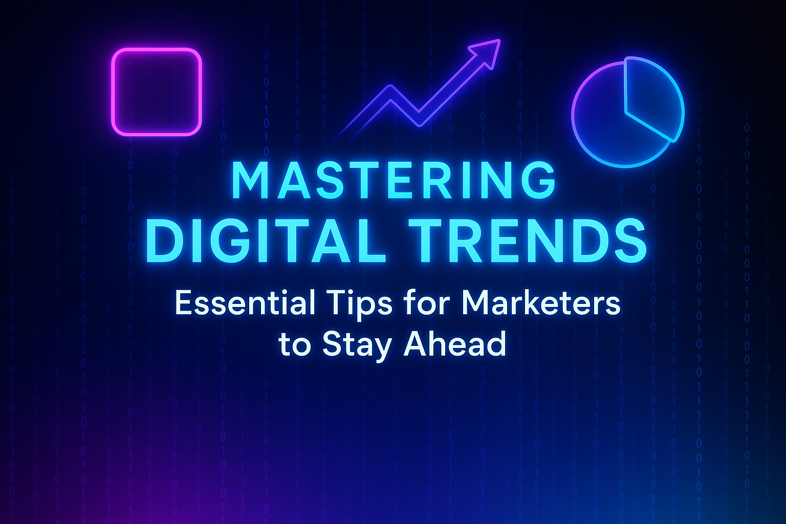 Alt text: "Graphic titled 'Mastering Digital Trends' featuring essential tips for marketers, with a dark background and neon elements."