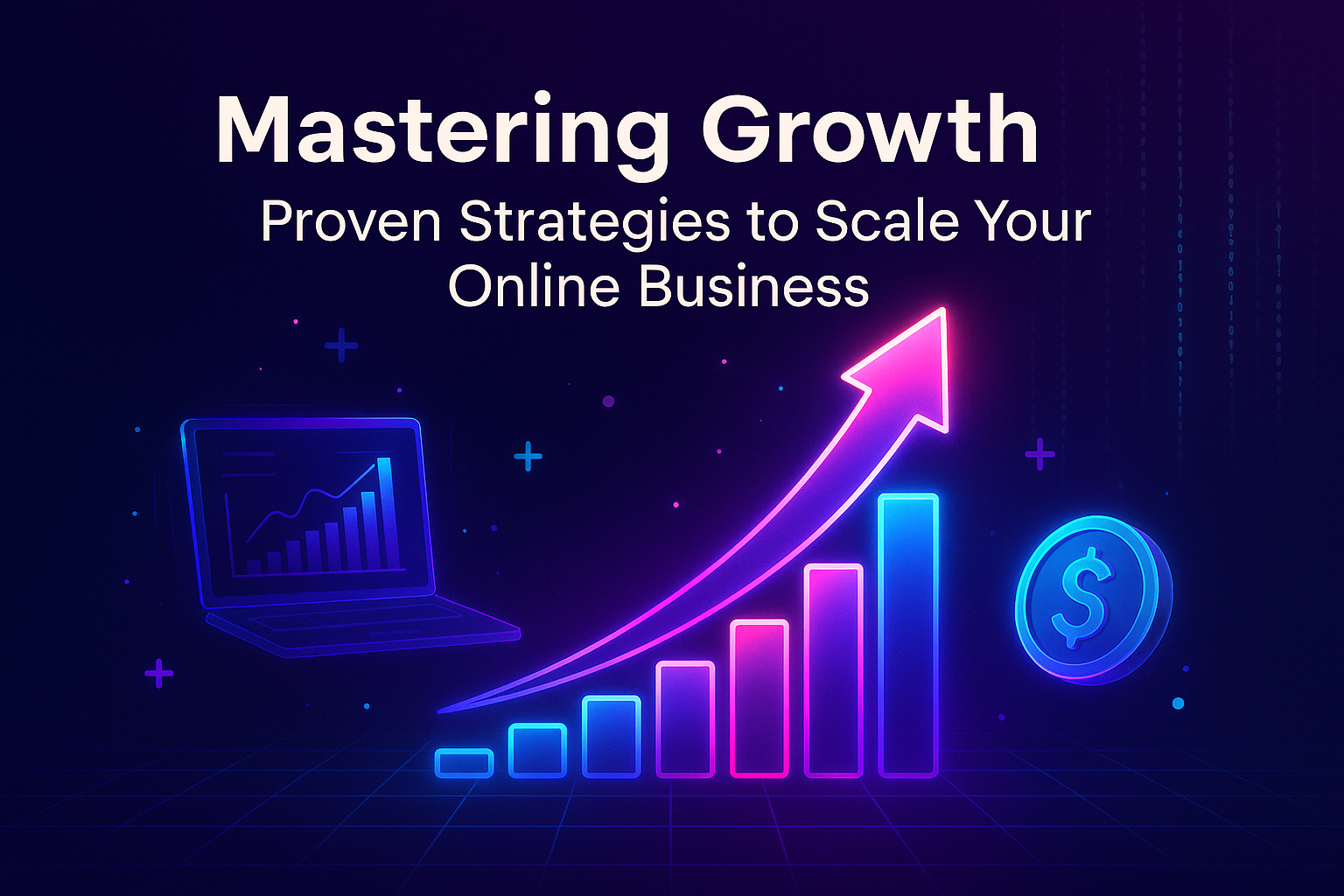 "Graphic illustrating 'Mastering Growth: Proven Strategies to Scale Your Online Business' with vibrant colors, growth indicators, and financial graphics."