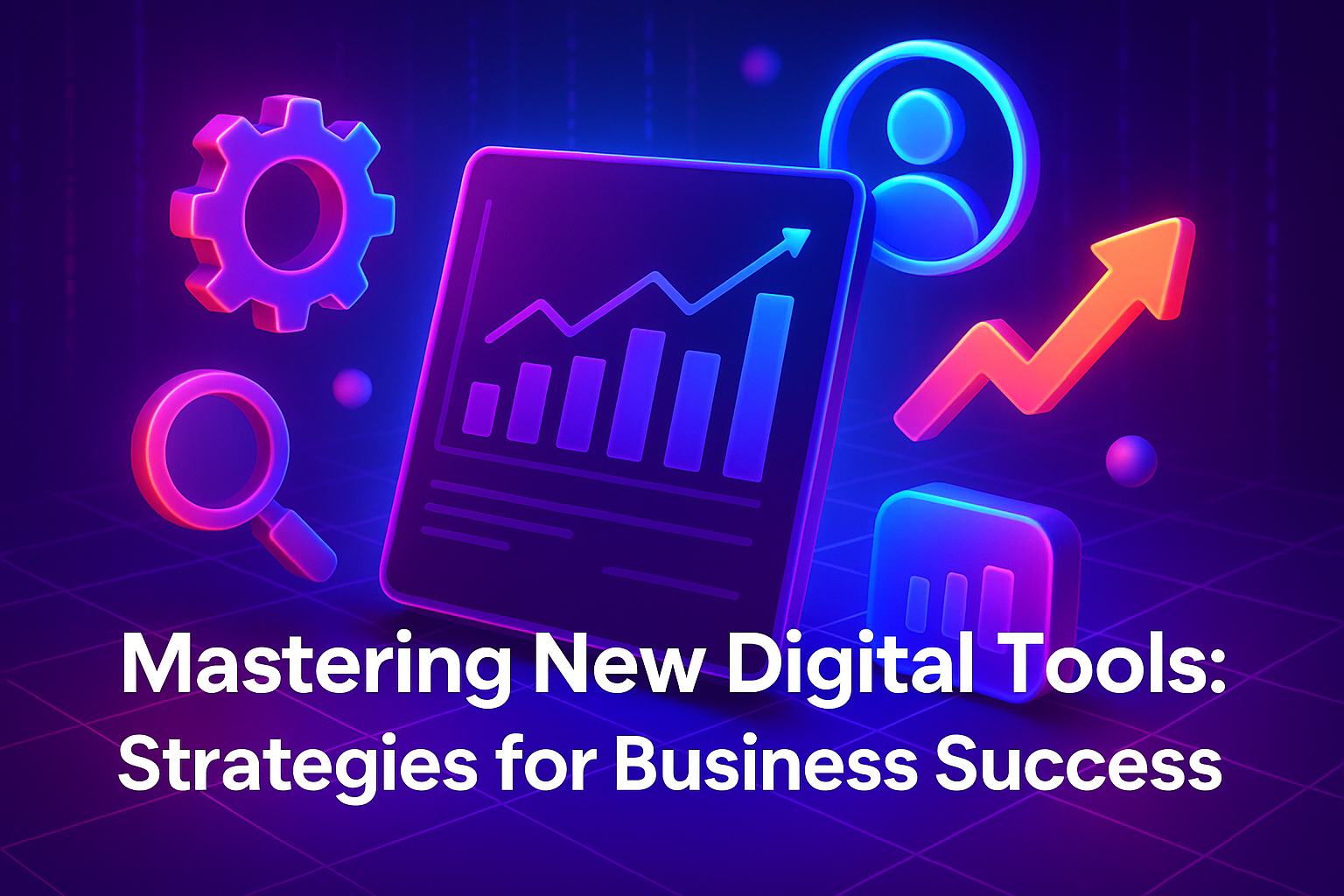 "Colorful graphic illustrating digital tools for business success, featuring a tablet displaying graphs, gears, a magnifying glass, and user icons."