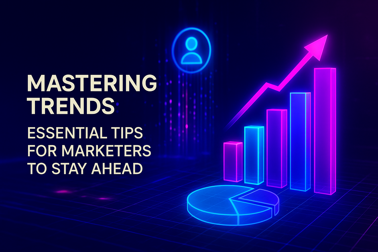 Alt text: "Colorful graphic illustrating marketing trends with a bar chart, pie chart, and upward arrow, featuring the title 'Mastering Trends: Essential Tips for Marketers to Stay Ahead.'"
