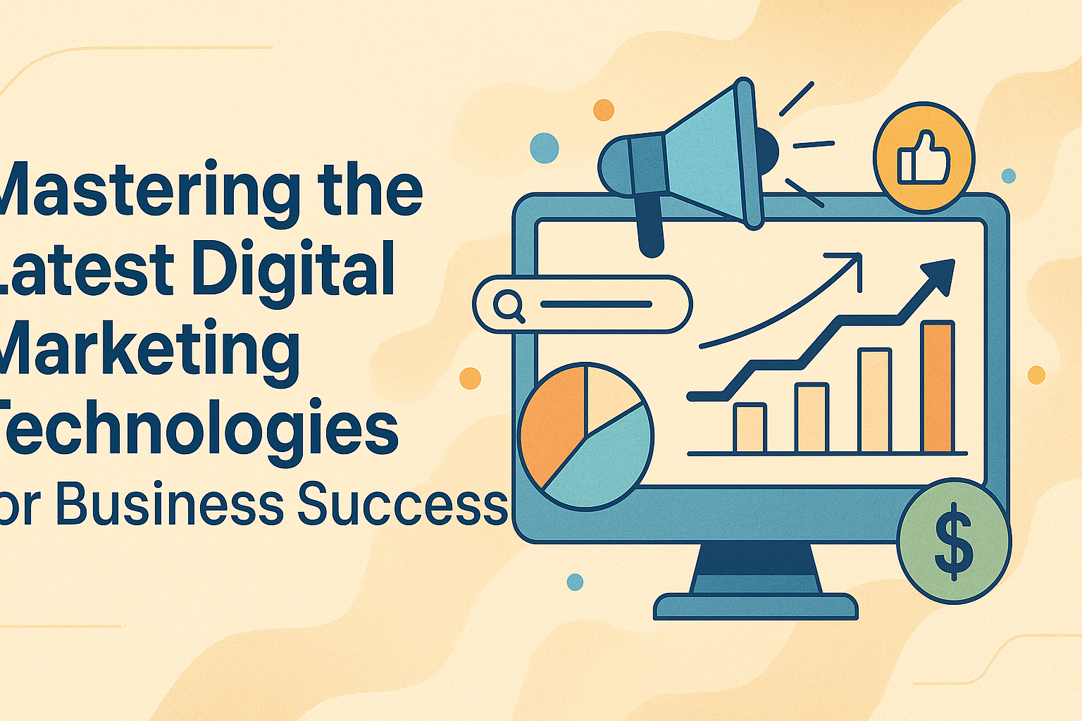 Alt text: "Illustration of a computer screen displaying digital marketing elements, including graphs, a megaphone, and a search bar, with the text 'Mastering the Latest Digital Marketing Technologies for Business Success'."