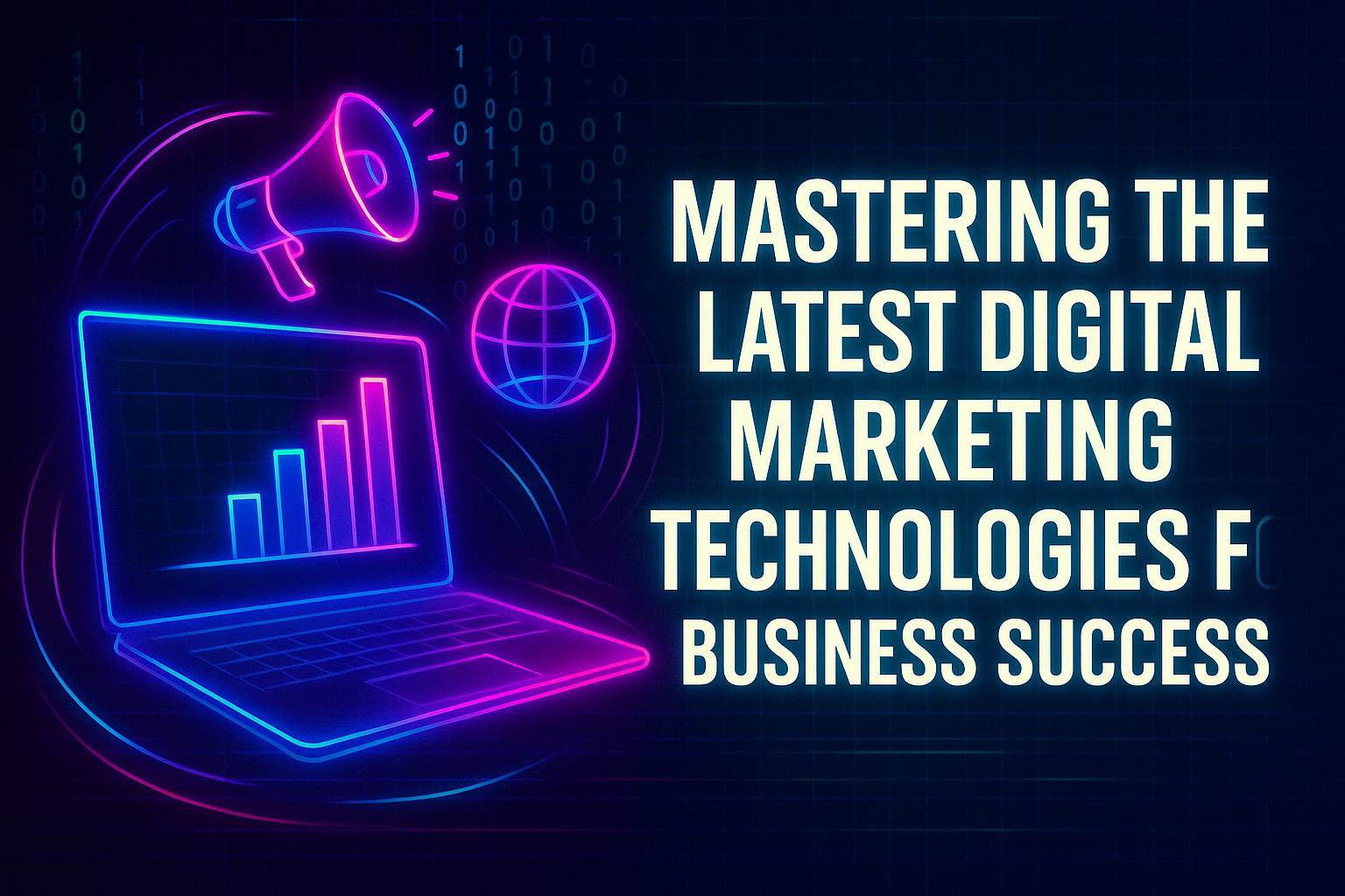 "Vibrant digital marketing graphic featuring a laptop displaying growth statistics, a megaphone, and a globe, highlighting the importance of mastering digital marketing technologies for business success."