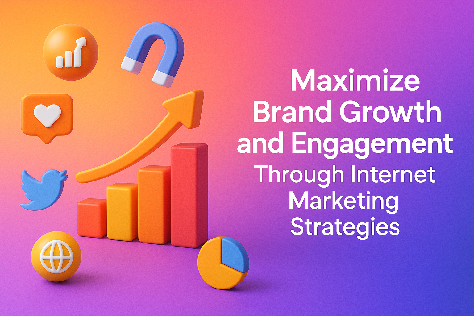 Colorful graphic illustrating internet marketing strategies to maximize brand growth and engagement, featuring icons of charts, social media, and a magnet against a gradient background.