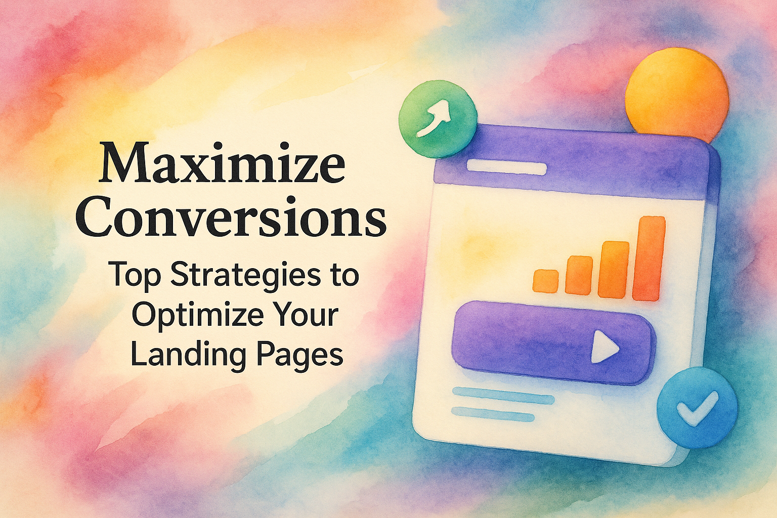 "Colorful watercolor background with the text 'Maximize Conversions: Top Strategies to Optimize Your Landing Pages' alongside an illustrative design of a landing page with graphical elements like charts and buttons."