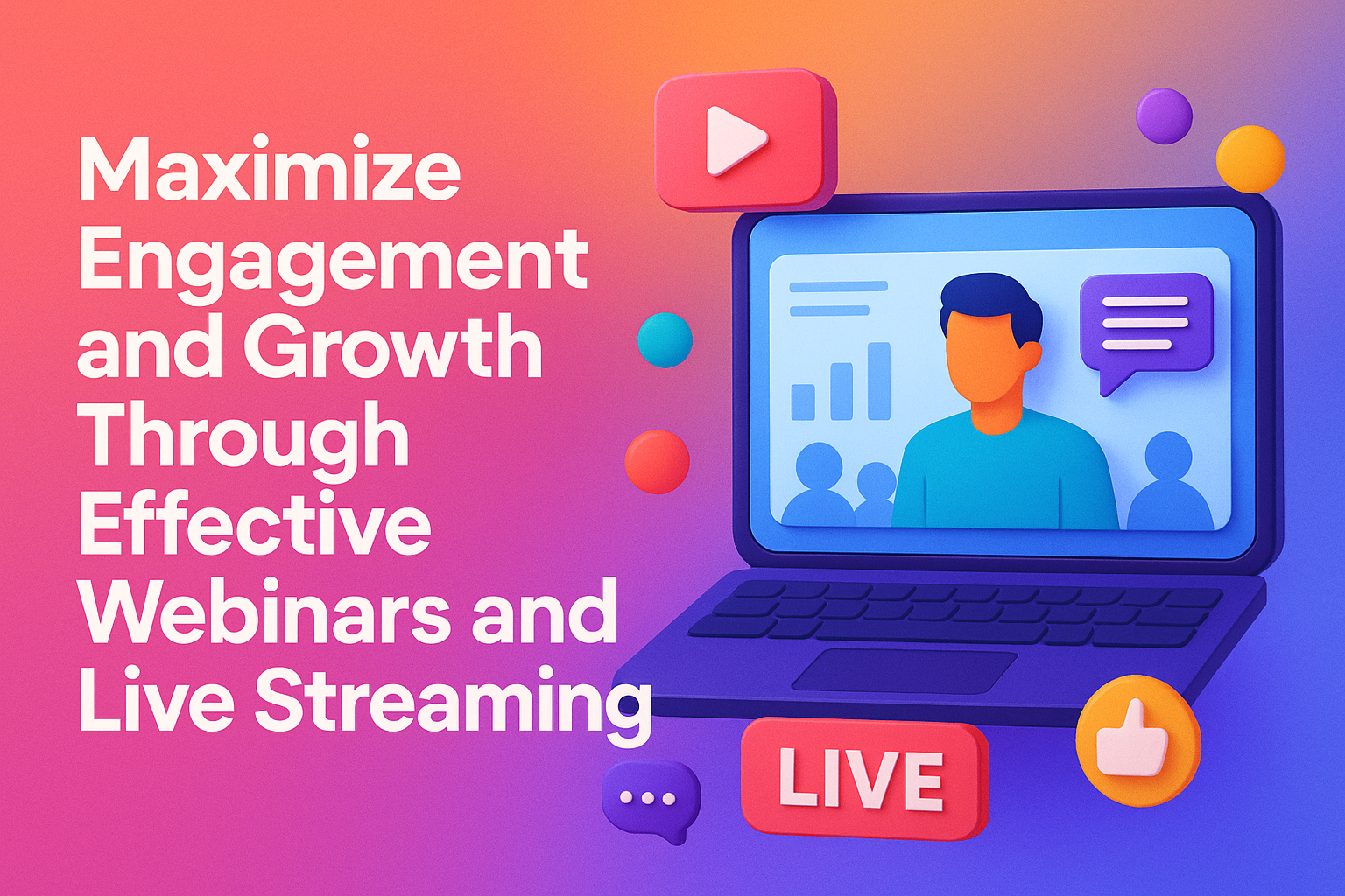 "Bright graphic showcasing a laptop with a virtual presenter, emphasizing strategies for maximizing engagement and growth through webinars and live streaming. Text highlights 'Maximize Engagement and Growth Through Effective Webinars and Live Streaming.'"