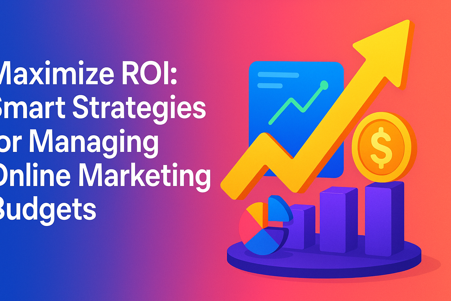 Bright and colorful graphic illustrating strategies to maximize ROI in online marketing, featuring upward trends, charts, and symbols representing financial growth and budget management.