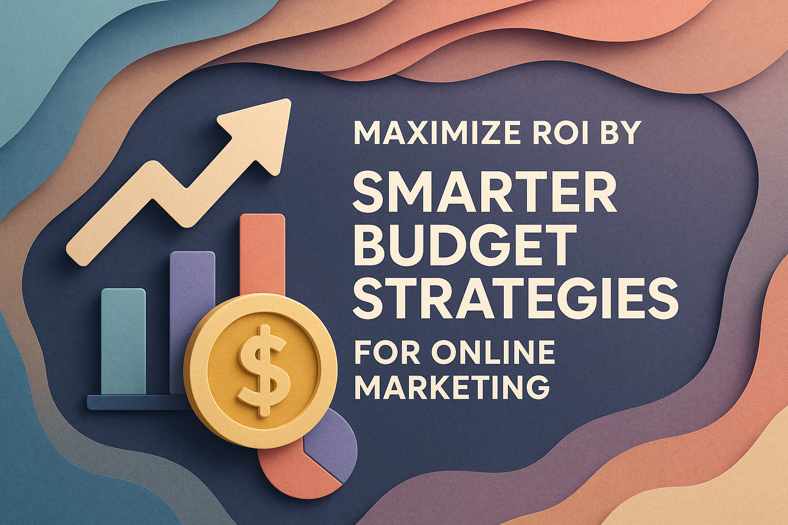 "Colorful abstract design illustrating budget strategies and ROI maximization for online marketing, featuring charts and a dollar sign."