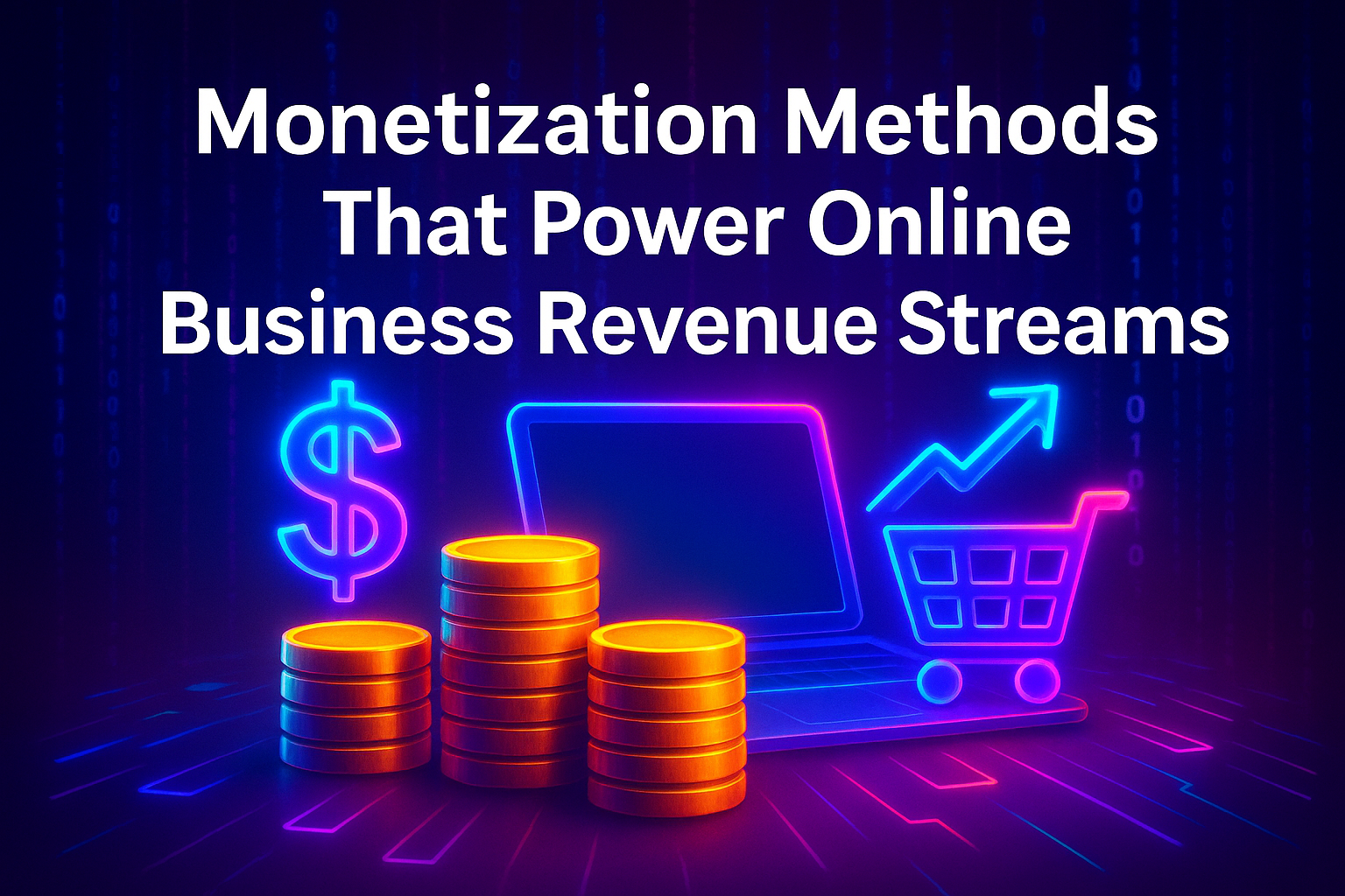 "Conceptual image illustrating monetization methods for online business, featuring stacks of coins, a laptop, and a shopping cart, highlighting revenue growth."