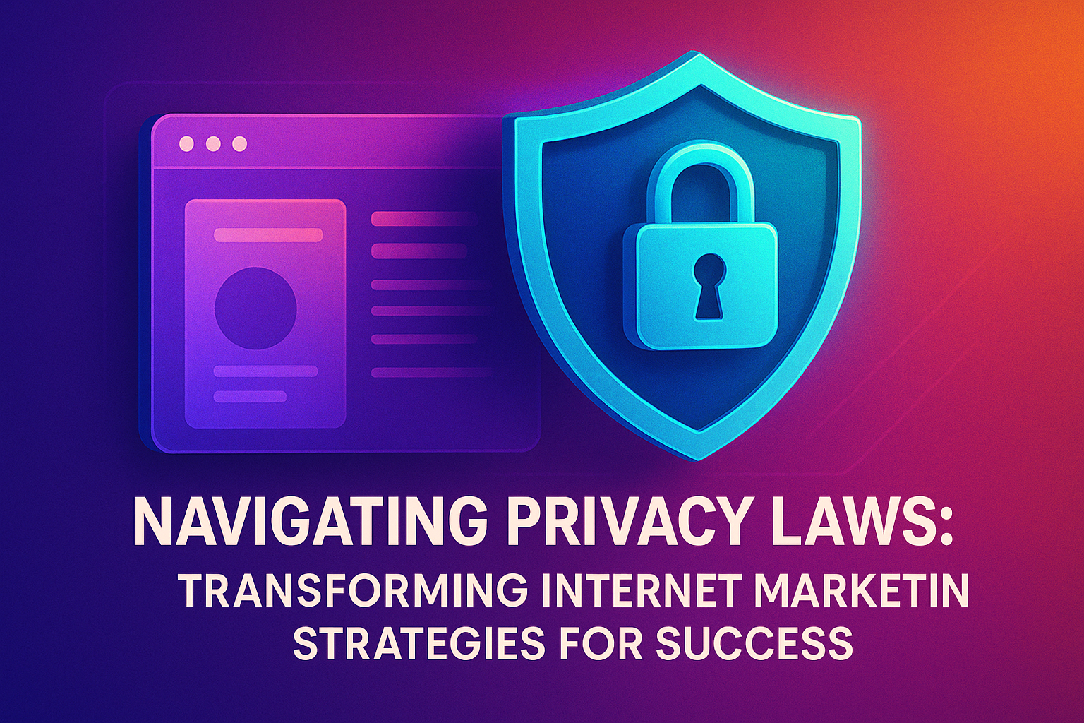 "Colorful digital graphic illustrating the concept of navigating privacy laws in internet marketing, featuring a shield with a lock symbol and a browser window."