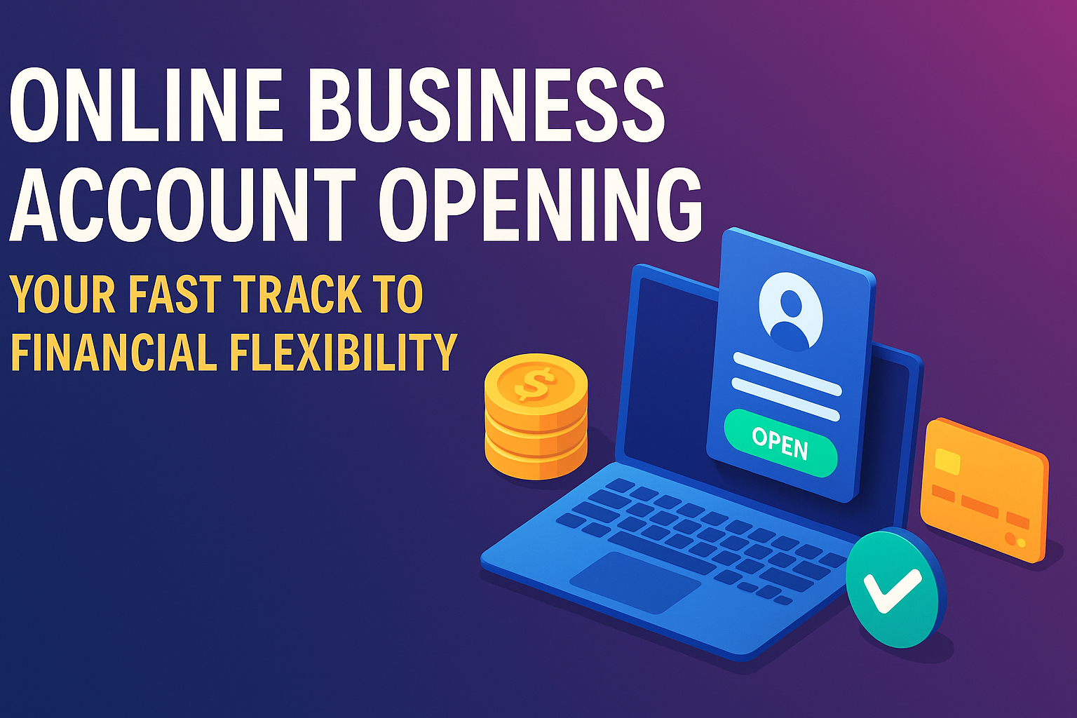 "Graphic promoting online business account opening, featuring a laptop, cash coins, a user information card, and credit cards, emphasizing financial flexibility."