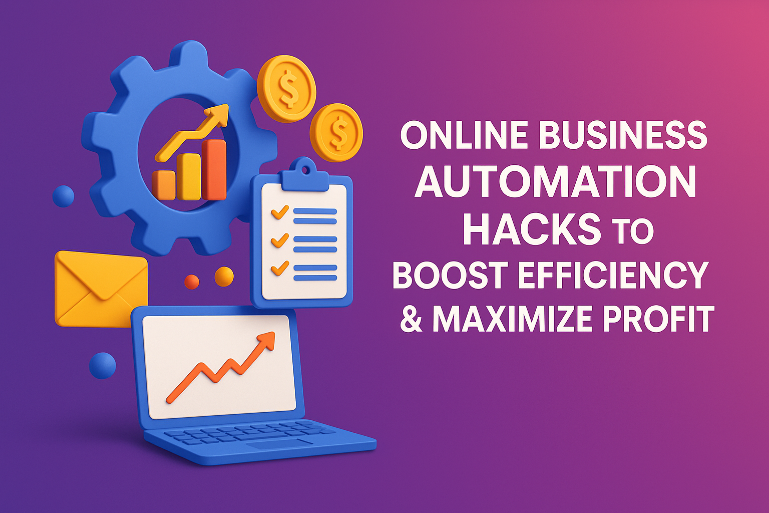 "Colorful graphic illustrating online business automation hacks to enhance efficiency and increase profits, featuring icons like gears, charts, and laptops."