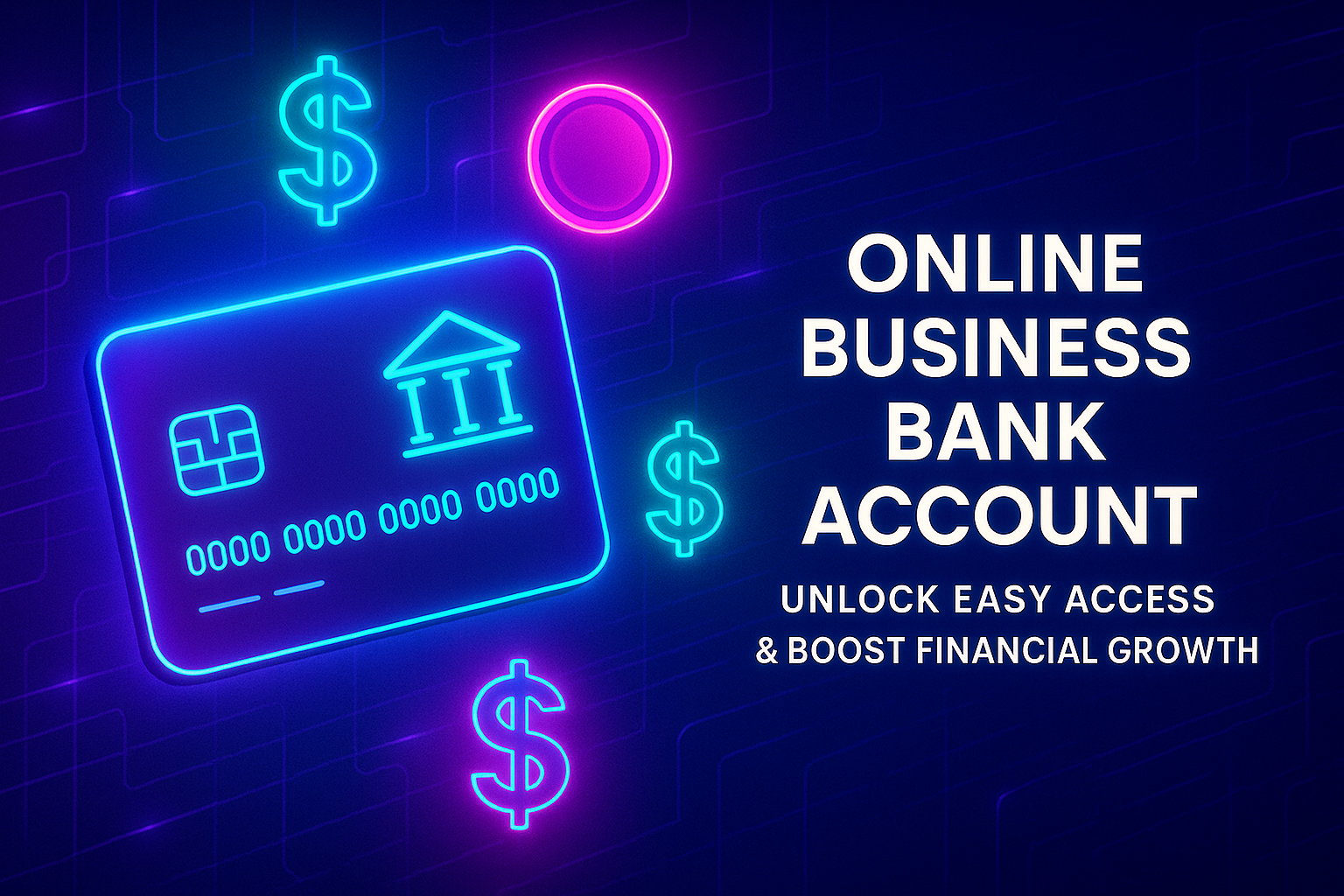 Alt text: "Neon graphic featuring an online business bank account, credit card, and dollar signs, promoting easy access and financial growth."