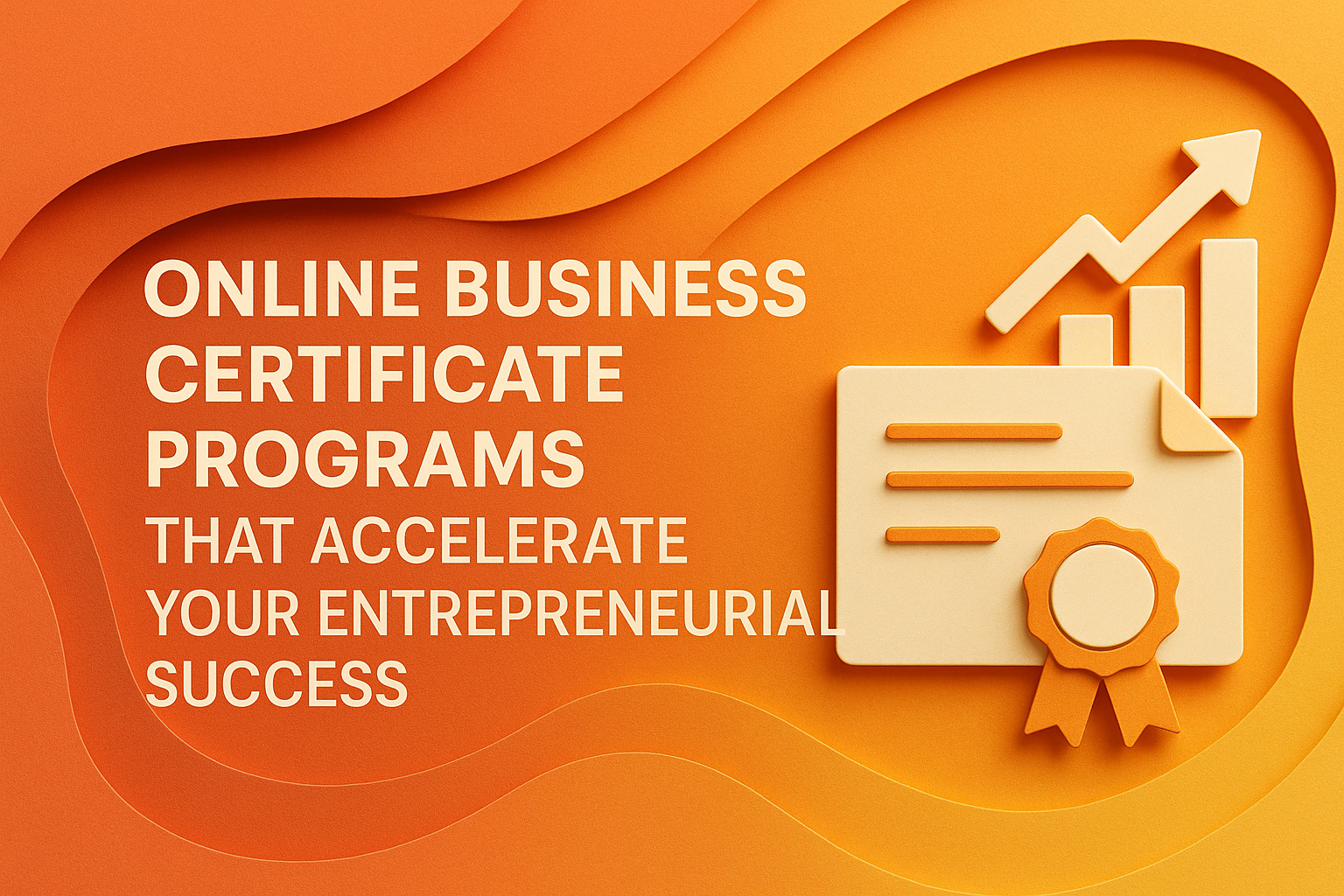 "Graphic highlighting online business certificate programs designed to enhance entrepreneurial success with a vibrant orange background and icons representing growth."