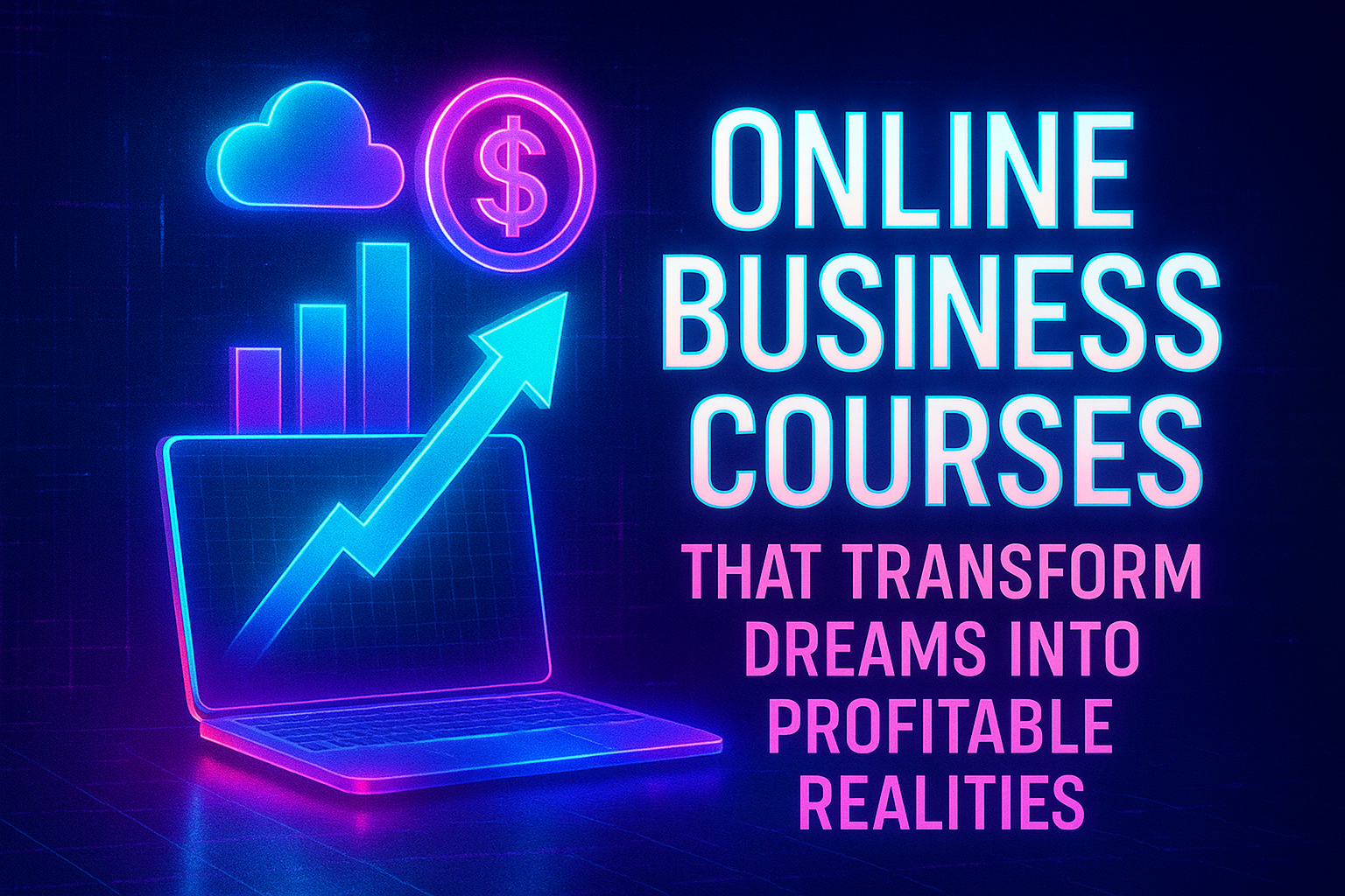 "Bright neon graphic promoting online business courses that help transform dreams into profitable realities, featuring a laptop, upward trend chart, dollar sign, and cloud icon."