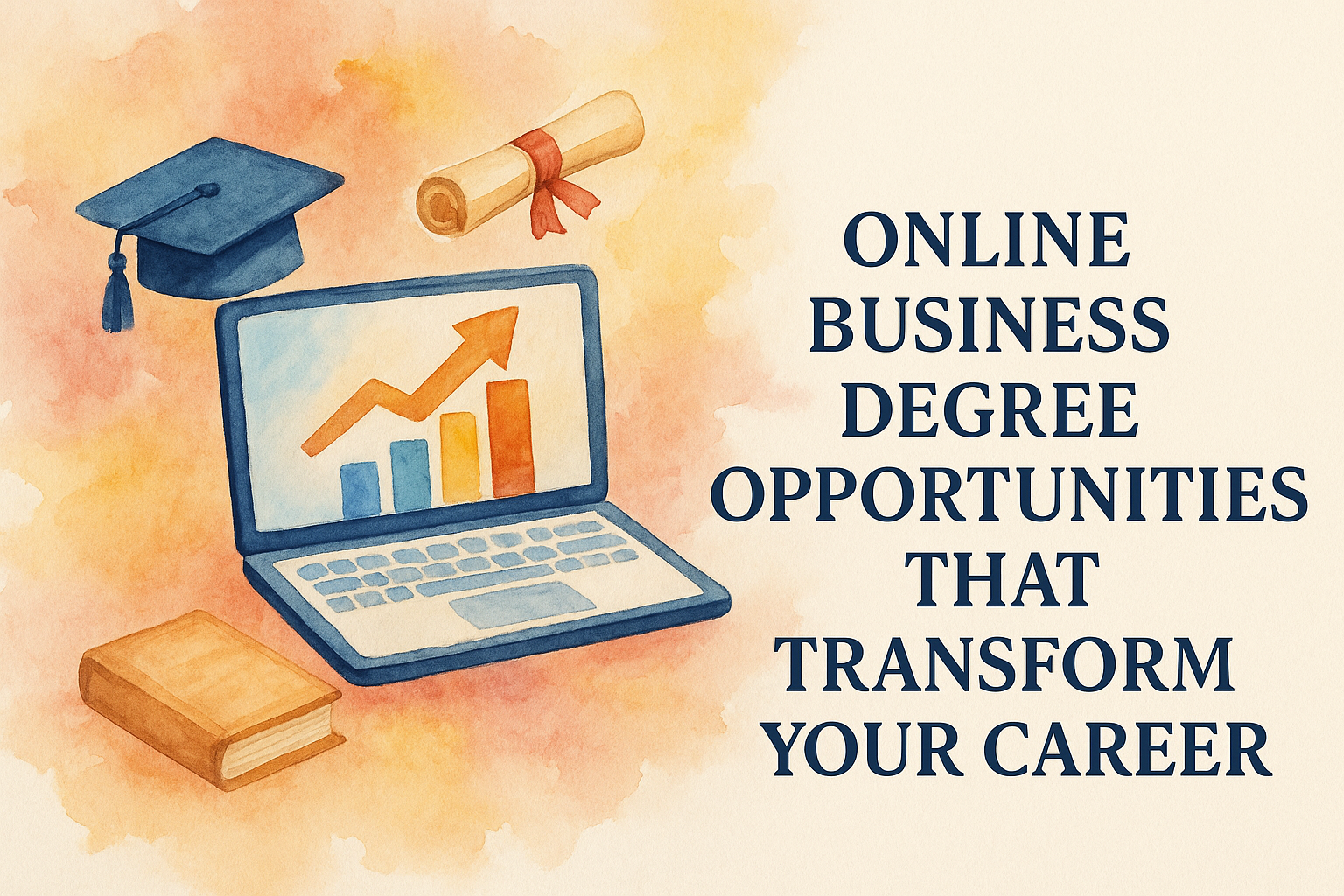 "Illustration of a laptop displaying growth charts, a graduation cap, a diploma, and a book, highlighting online business degree opportunities that can transform your career."