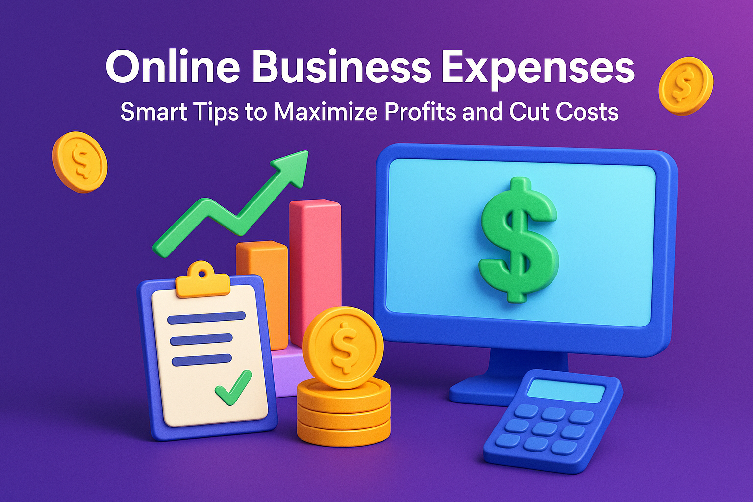 "3D illustration of online business expenses featuring a computer screen with a dollar sign, charts, coins, and a checklist, symbolizing tips to maximize profits and reduce costs."