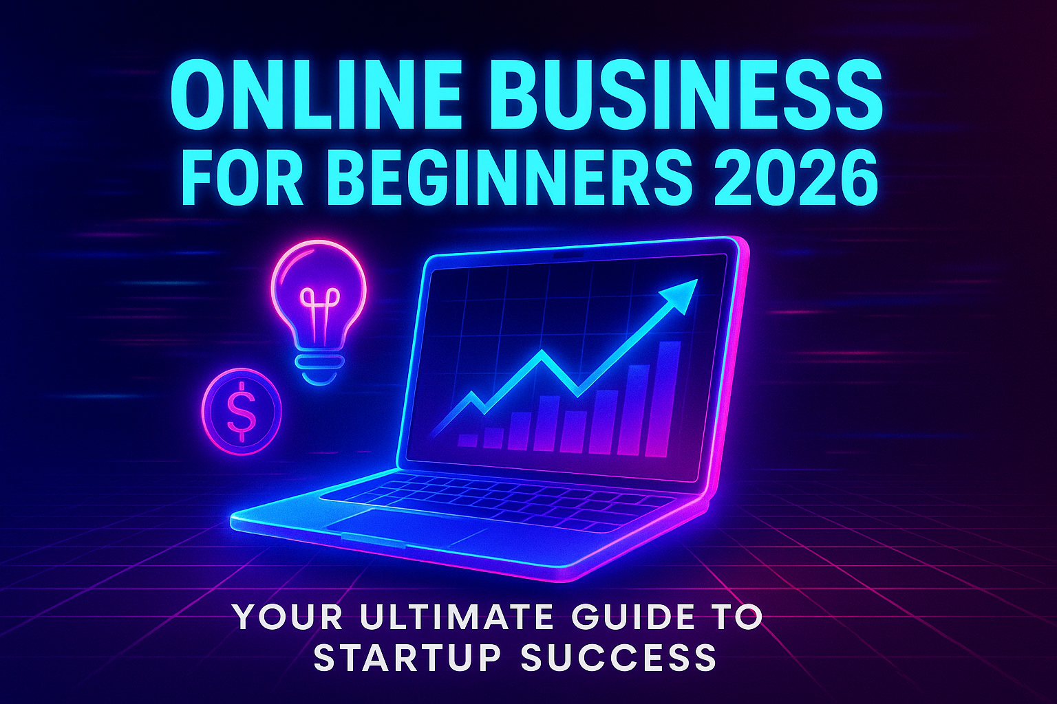 Alt text: "Colorful graphic promoting 'Online Business for Beginners 2026' with a laptop, light bulb, dollar sign, and upward growth chart, highlighting startup success."