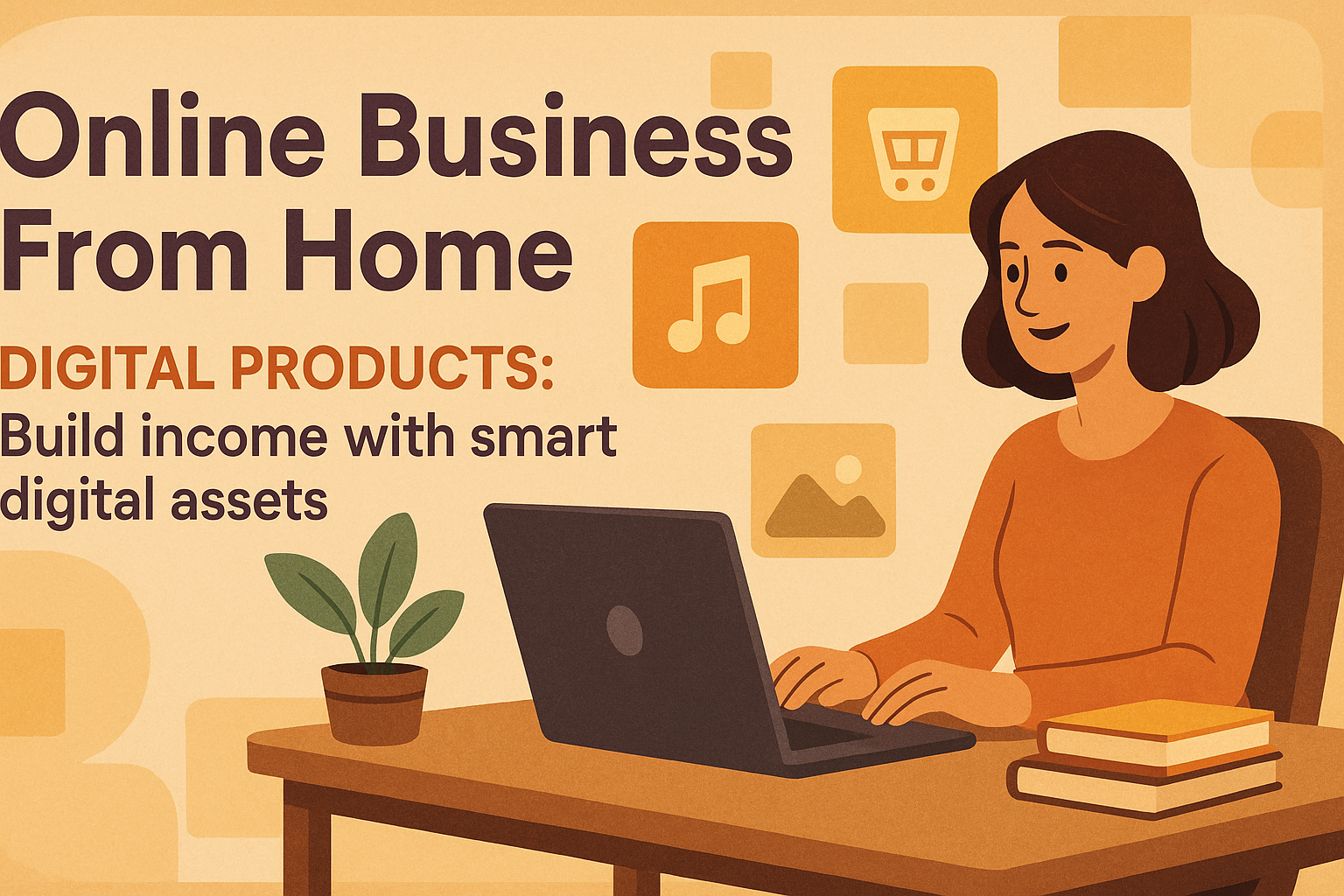 "Digital marketing illustration highlighting online business from home, with a focus on building income through smart digital products and assets."