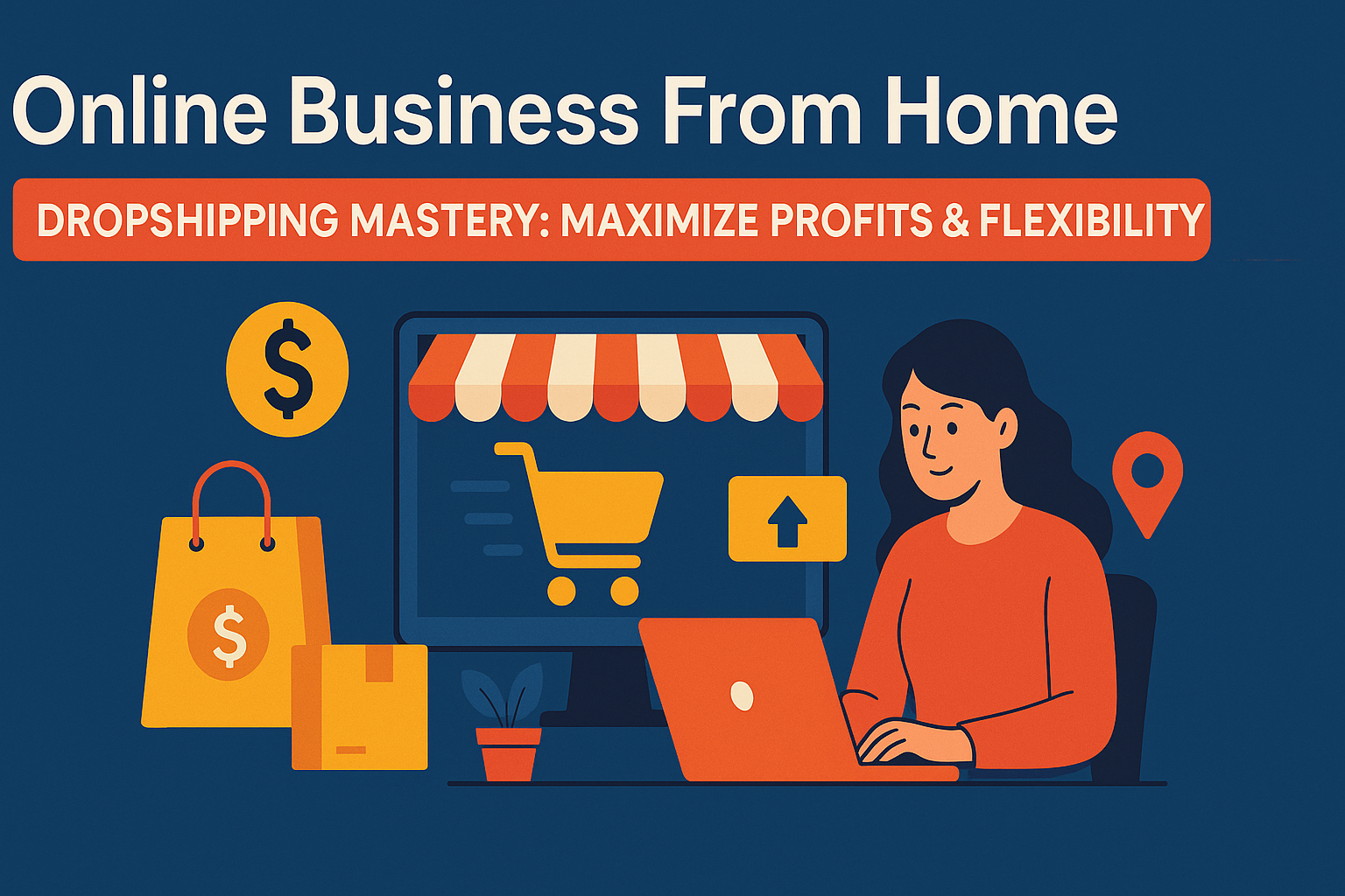 "Illustration promoting online business and dropshipping mastery, featuring a woman working on a laptop with shopping icons and a vibrant color scheme."