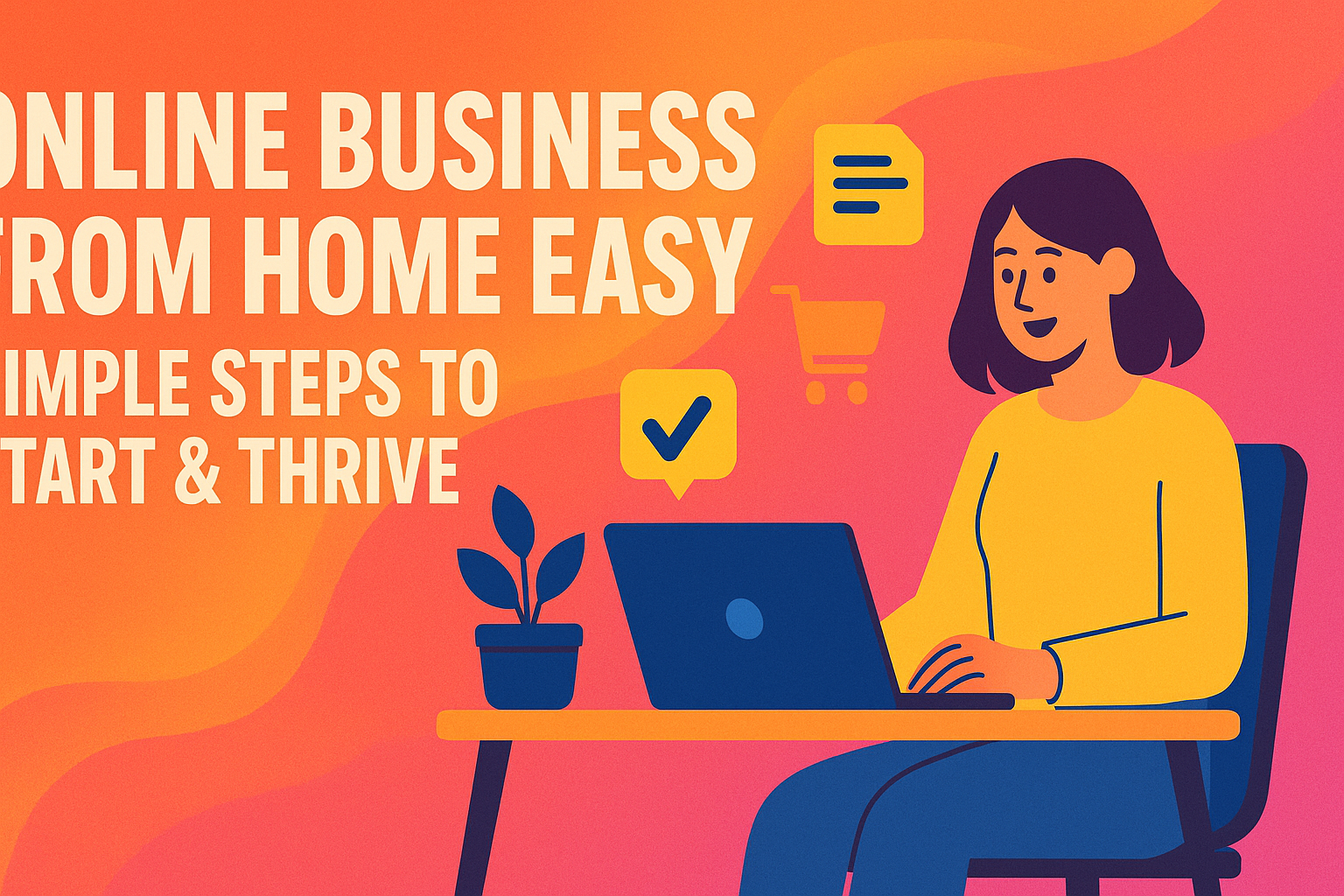 "Illustration of a woman working on a laptop at home, highlighting simple steps to start and thrive in an online business. Bright colors and engaging design emphasize ease of online entrepreneurship."